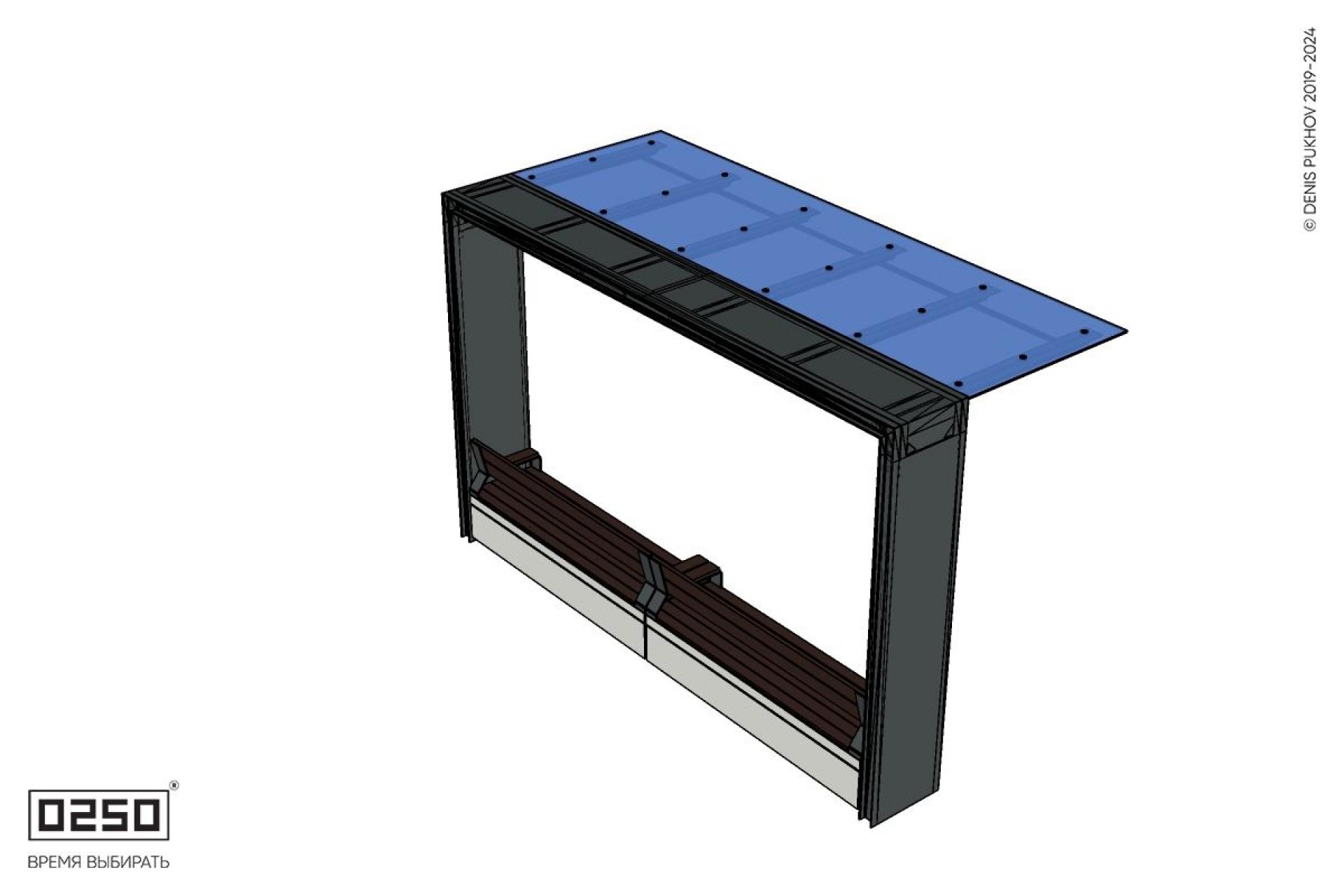 Уличная Скамейка двухпролетная на блоке со спинкой и подлокотниками с козырьком Портал производство 0250