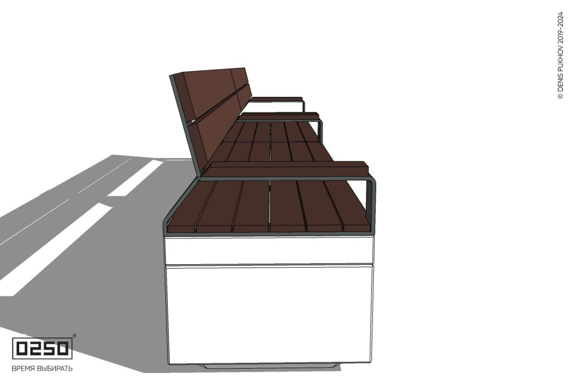 Уличная Скамейка двухпролетная со спинкой и подлокотниками на блоке производство 0250