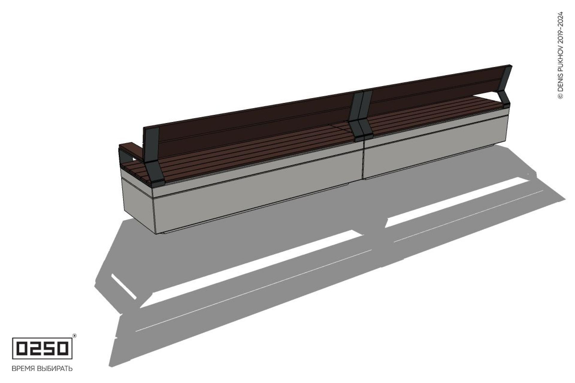 Уличная Скамейка двухпролетная со спинкой и подлокотниками на блоке производство 0250