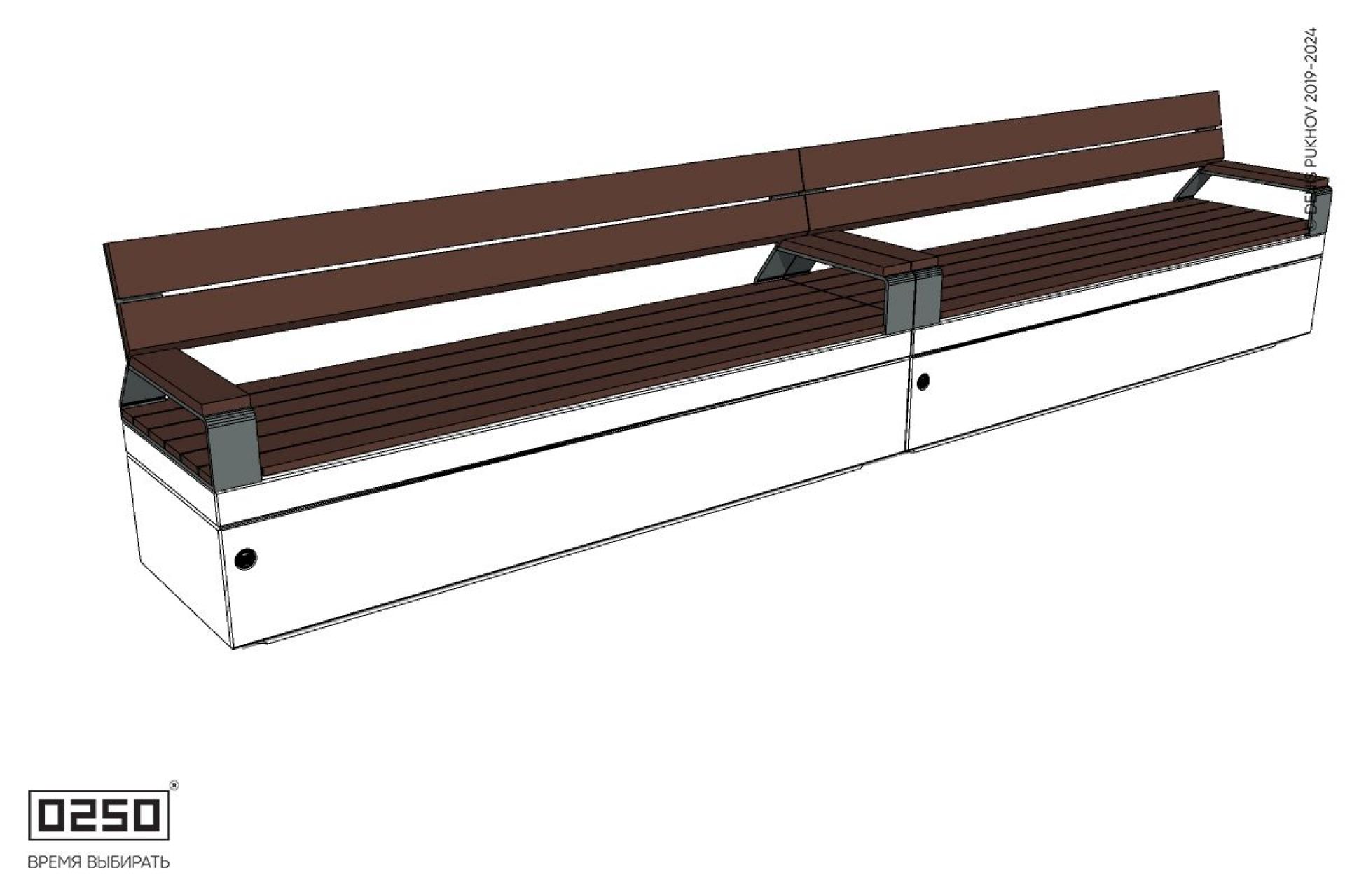 Уличная Скамейка двухпролетная со спинкой и подлокотниками на блоке производство 0250