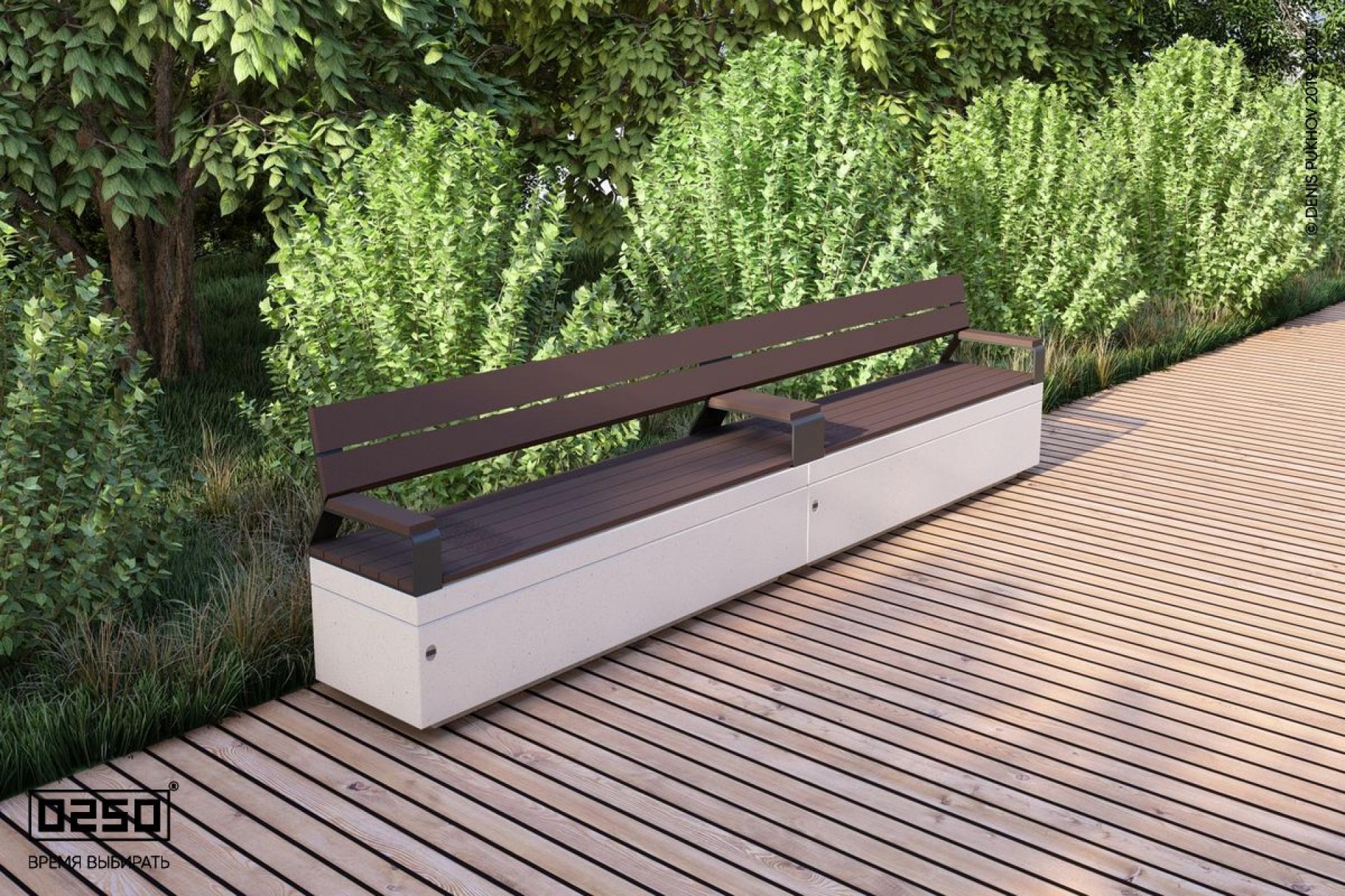 Уличная Скамейка двухпролетная со спинкой и подлокотниками на блоке производство 0250, module