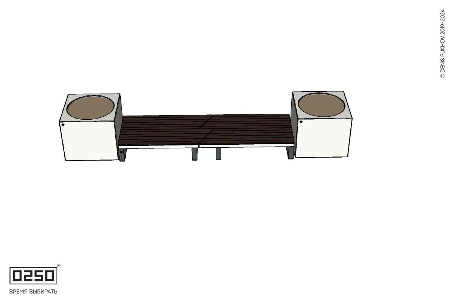 Скамейка двухсторонняя двухпролетная укороченная на ножках с вазонами Кубэ 1100 Уличная Скамейка двухсторонняя двухпролетная укороченная на ножках с вазонами Кубэ 1100 производство 0250, modul+