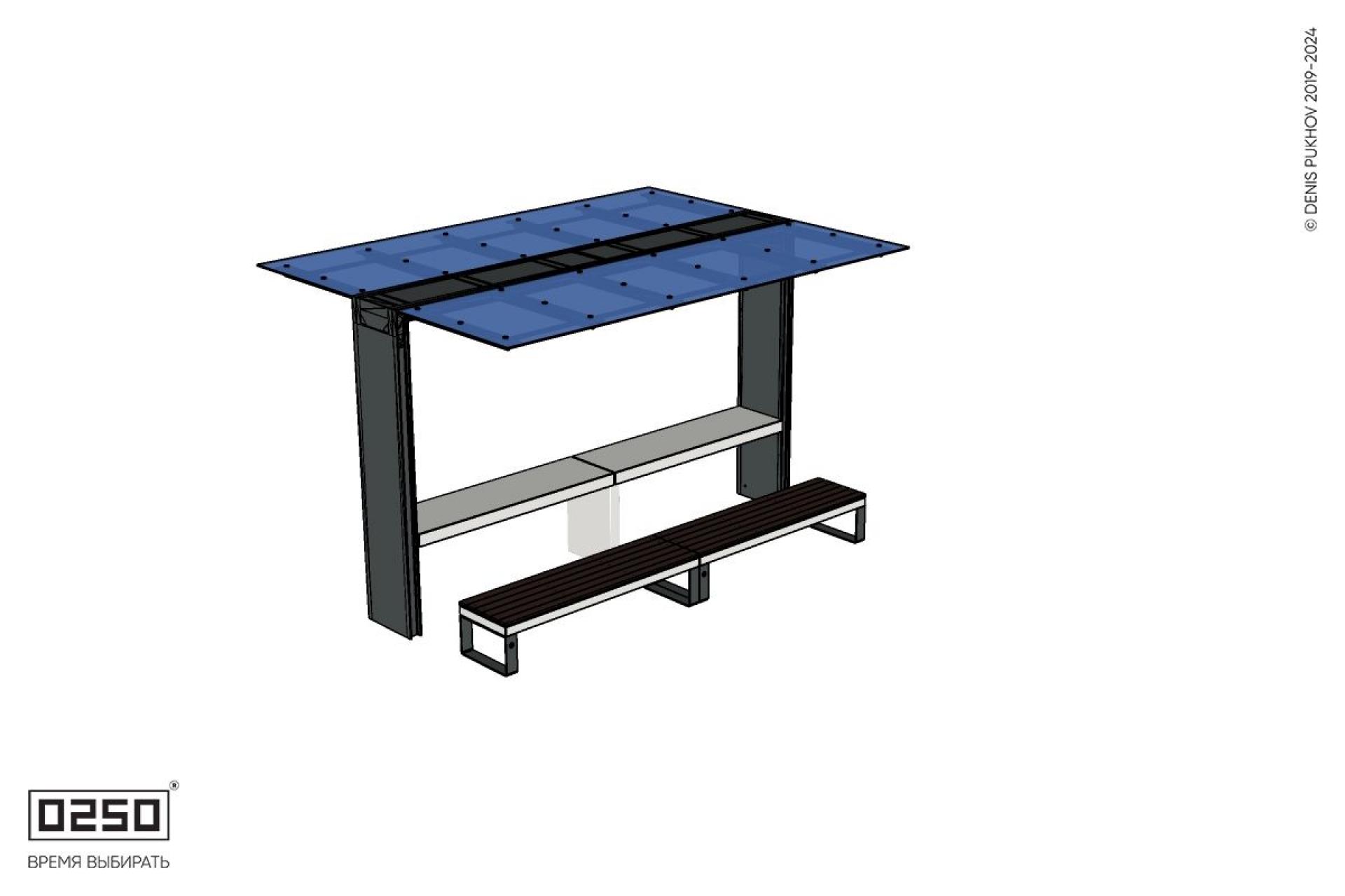 Уличная Скамейка двухпролетная на ножках с навесом Портал со столом производство 0250 Уличная Скамейка двухпролетная на ножках с навесом Портал со столом производство 0250