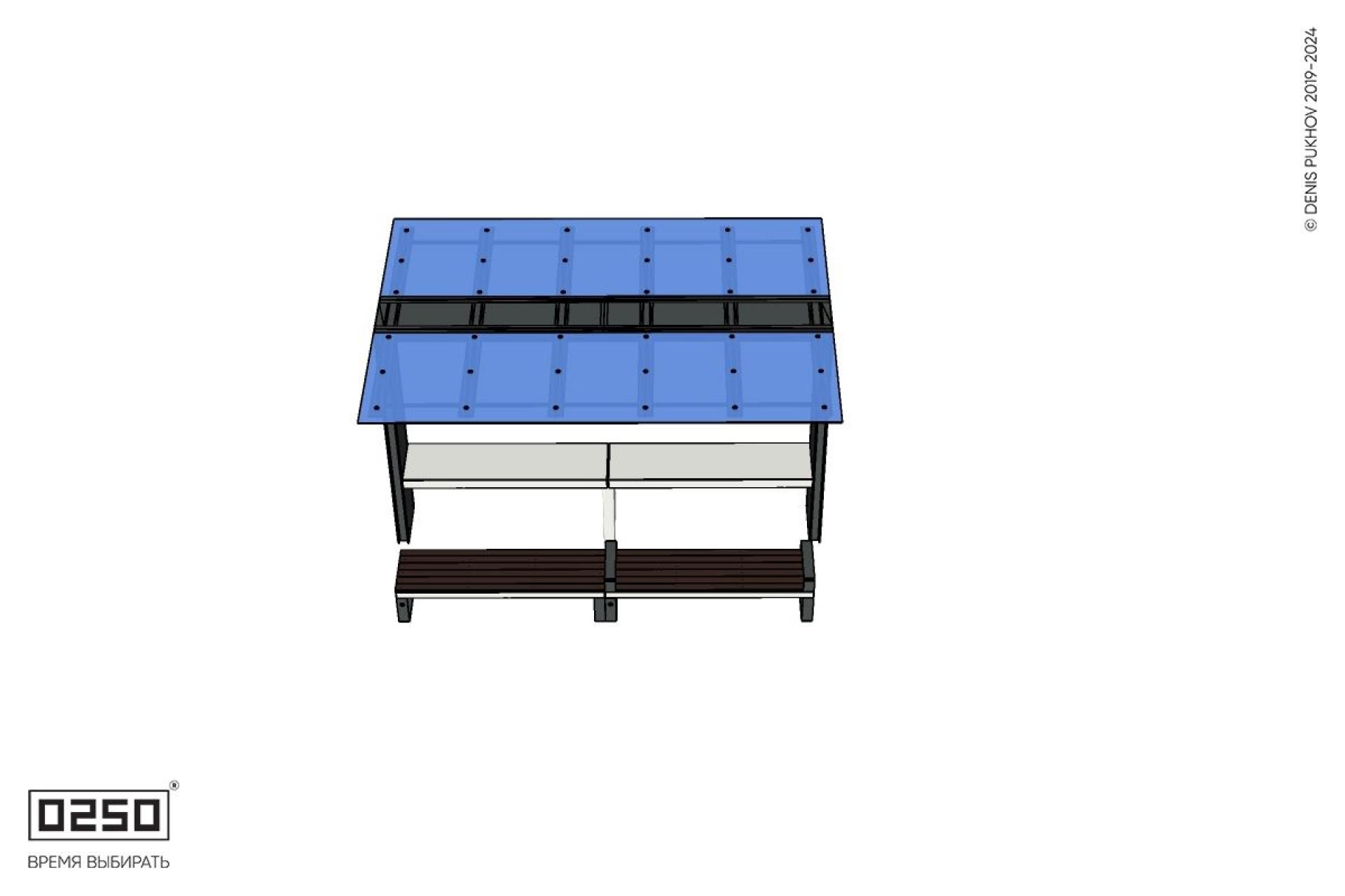 Уличная Скамейка двухпролетная на ножках с подлокотниками с навесом Портал со столом производство 0250