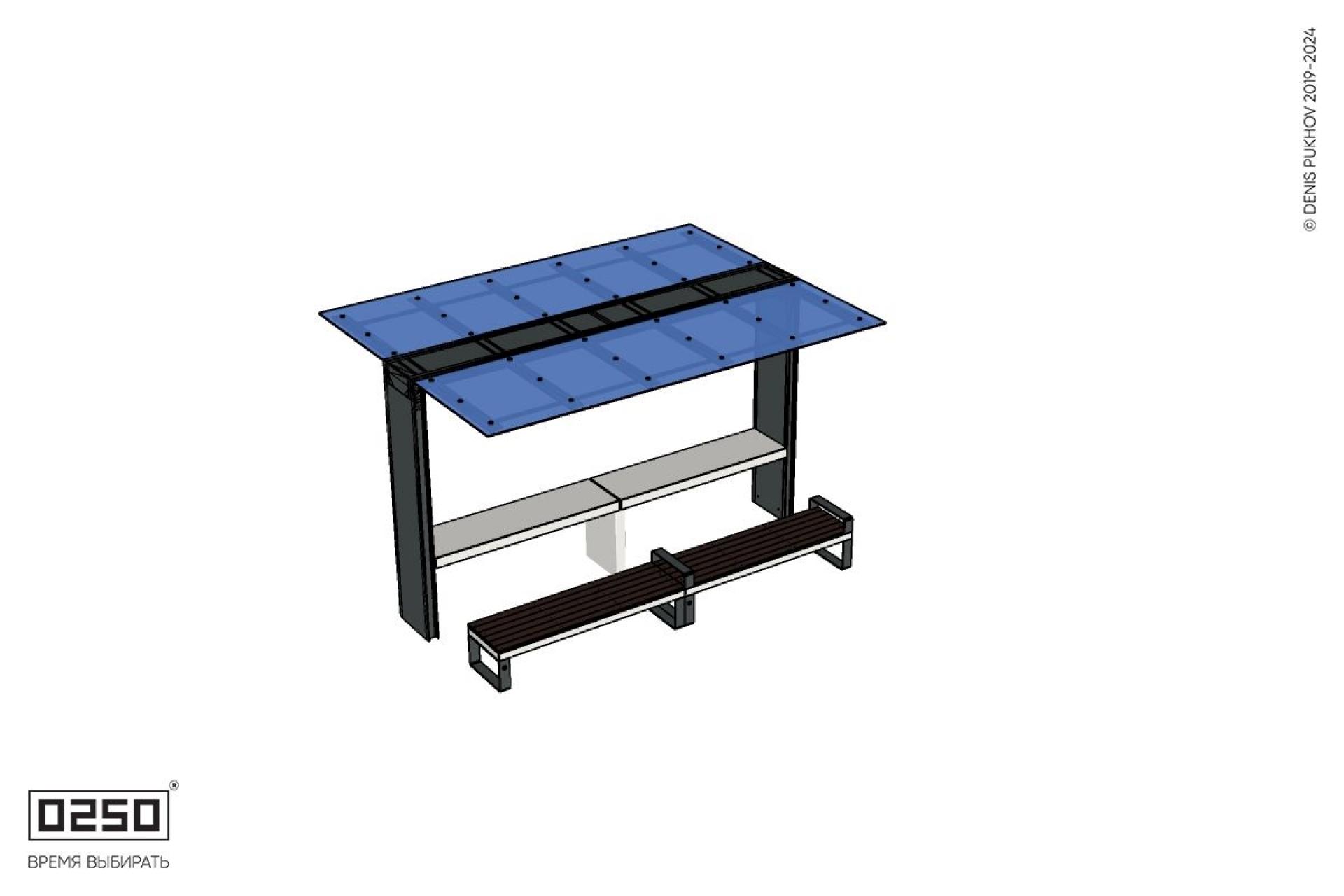 Уличная Скамейка двухпролетная на ножках с подлокотниками с навесом Портал со столом производство 0250, modul+