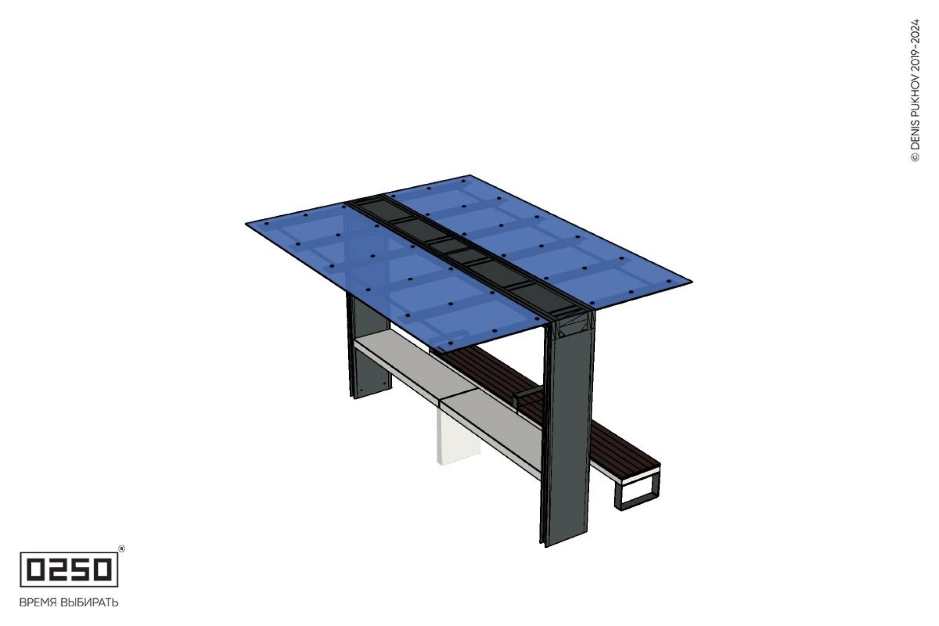 Уличная Скамейка двухпролетная на ножках с подлокотниками с навесом Портал со столом производство 0250