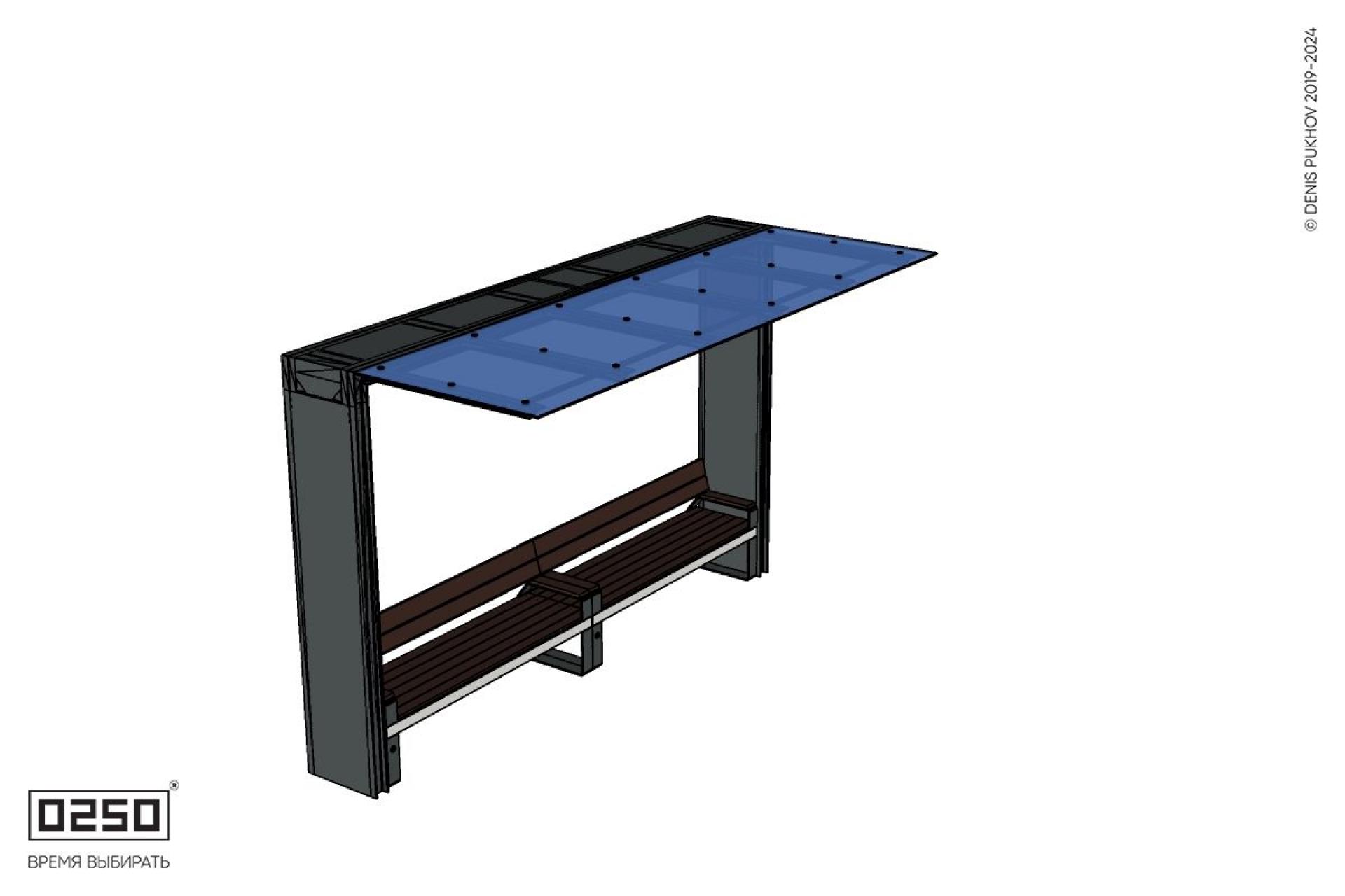 Уличная Скамейка двухпролетная на ножках со спинкой и подлокотниками с козырьком Портал производство 0250, modul+