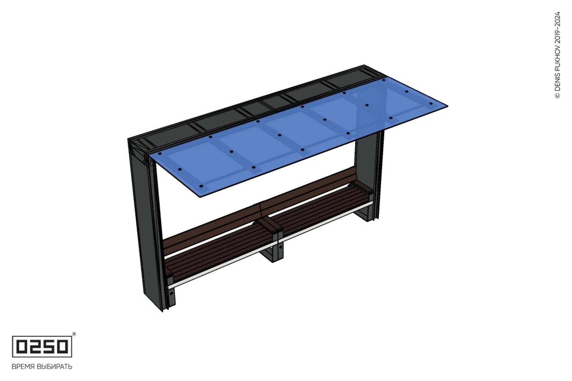 Уличная Скамейка двухпролетная на ножках со спинкой и подлокотниками с козырьком Портал производство 0250