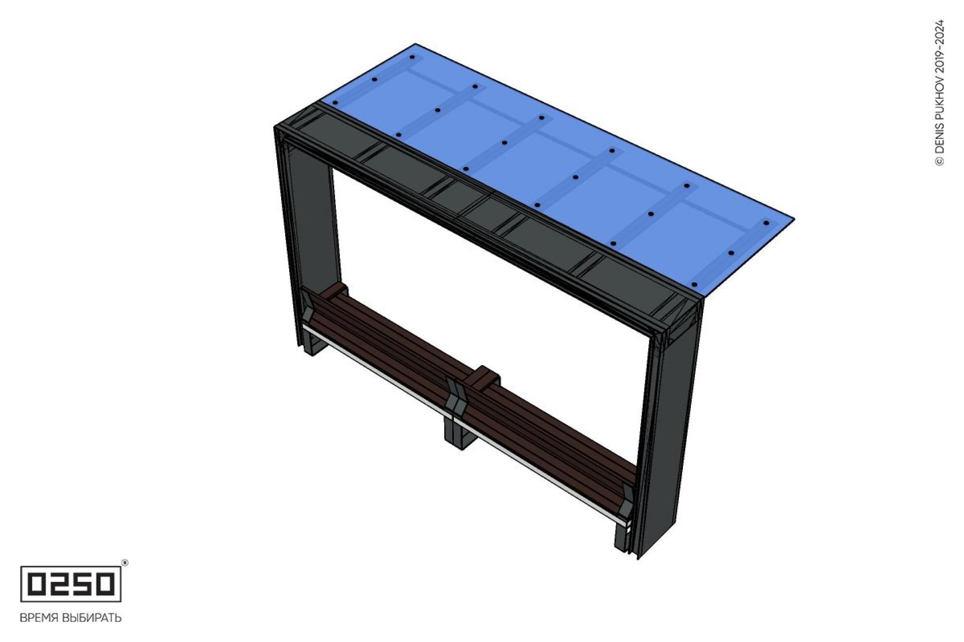 Уличная Скамейка двухпролетная на ножках со спинкой и подлокотниками с козырьком Портал производство 0250