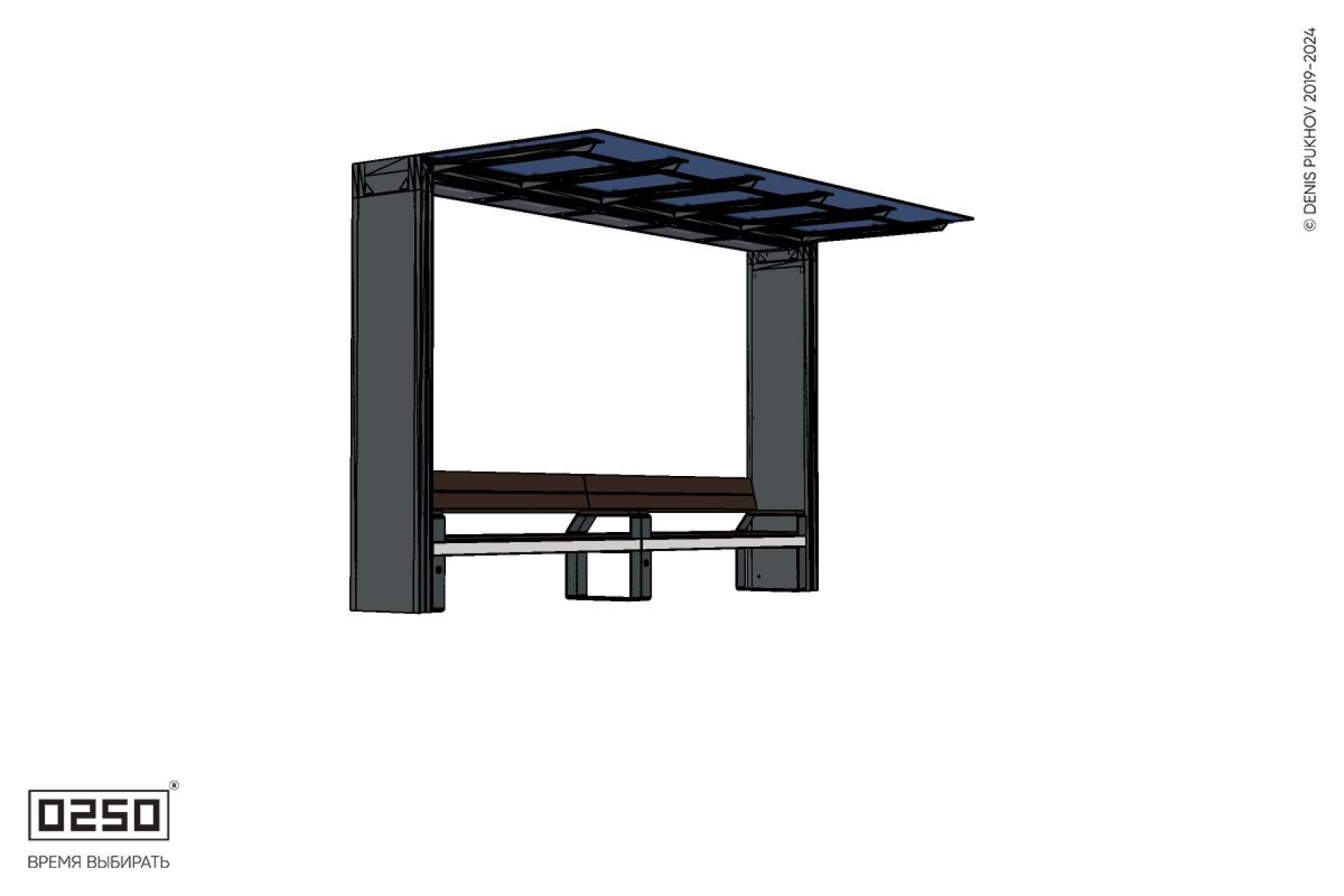 Уличная Скамейка двухпролетная на ножках со спинкой и подлокотниками с козырьком Портал производство 0250