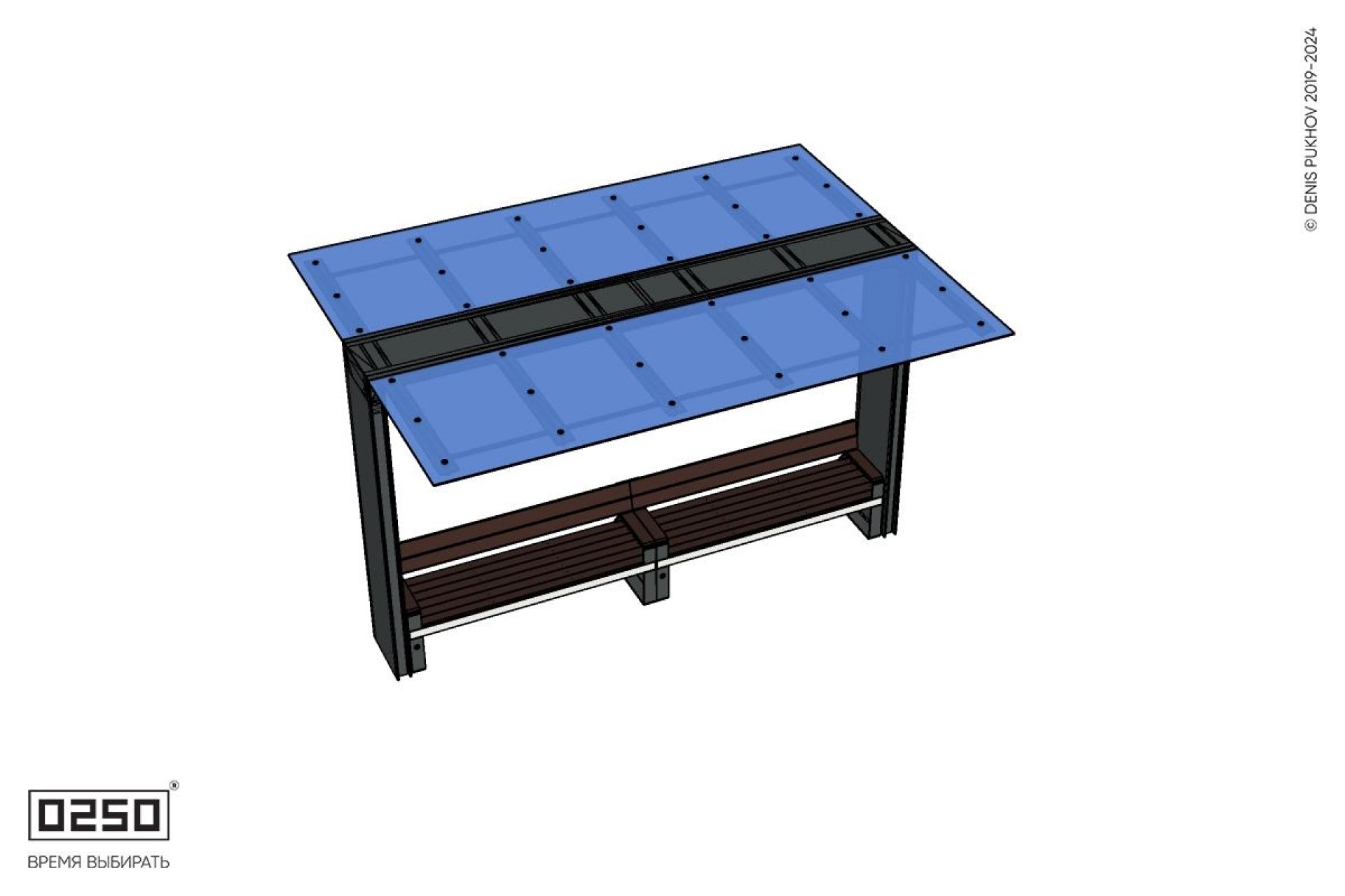 Уличная Скамейка двухпролетная на ножках со спинкой и подлокотниками с навесом Портал производство 0250