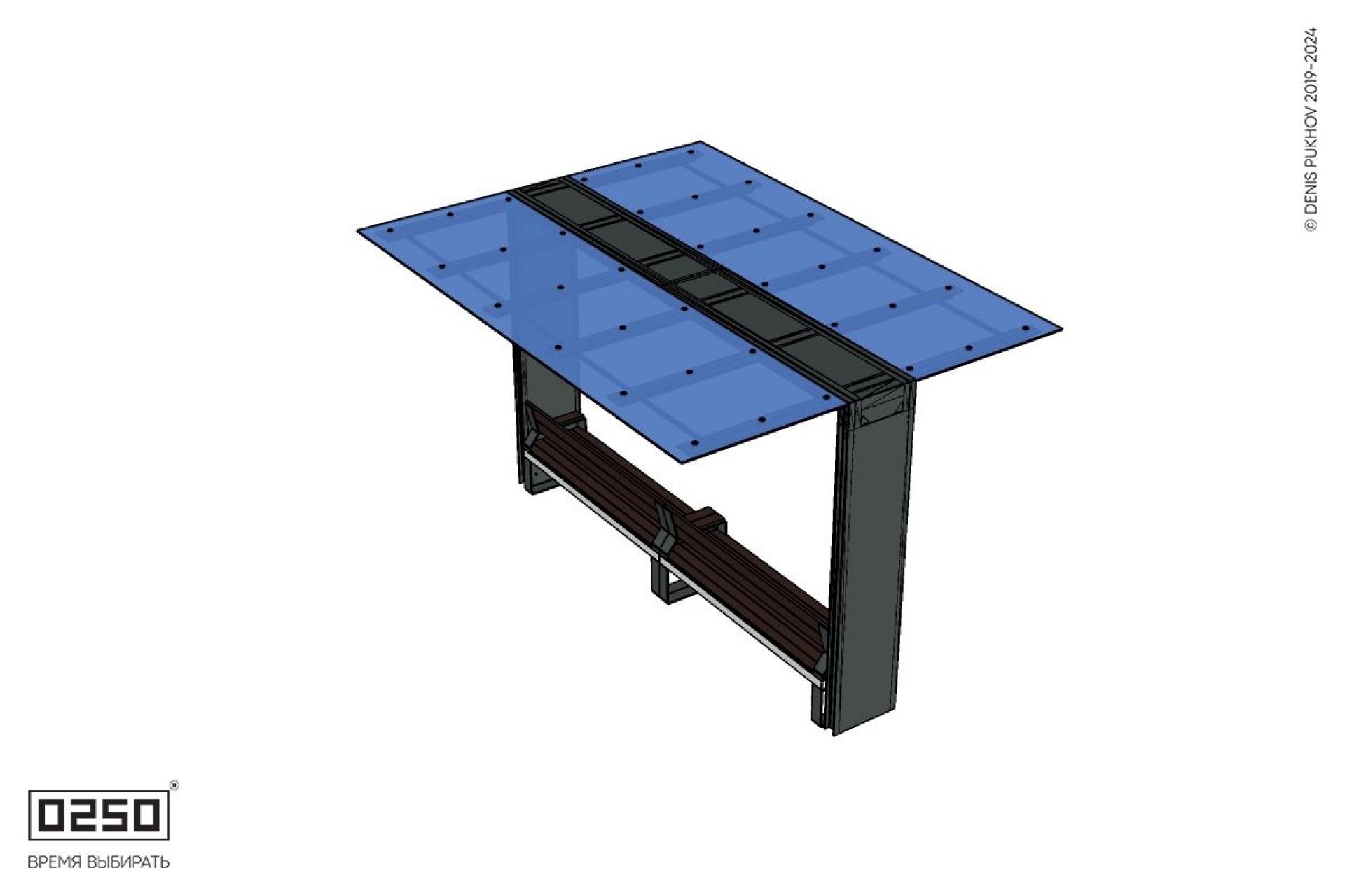 Уличная Скамейка двухпролетная на ножках со спинкой и подлокотниками с навесом Портал производство 0250
