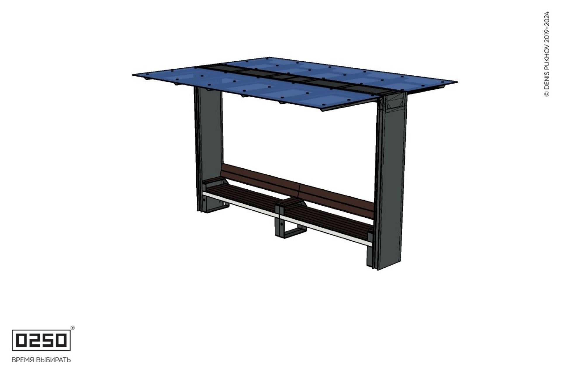 Уличная Скамейка двухпролетная на ножках со спинкой и подлокотниками с навесом Портал производство 0250