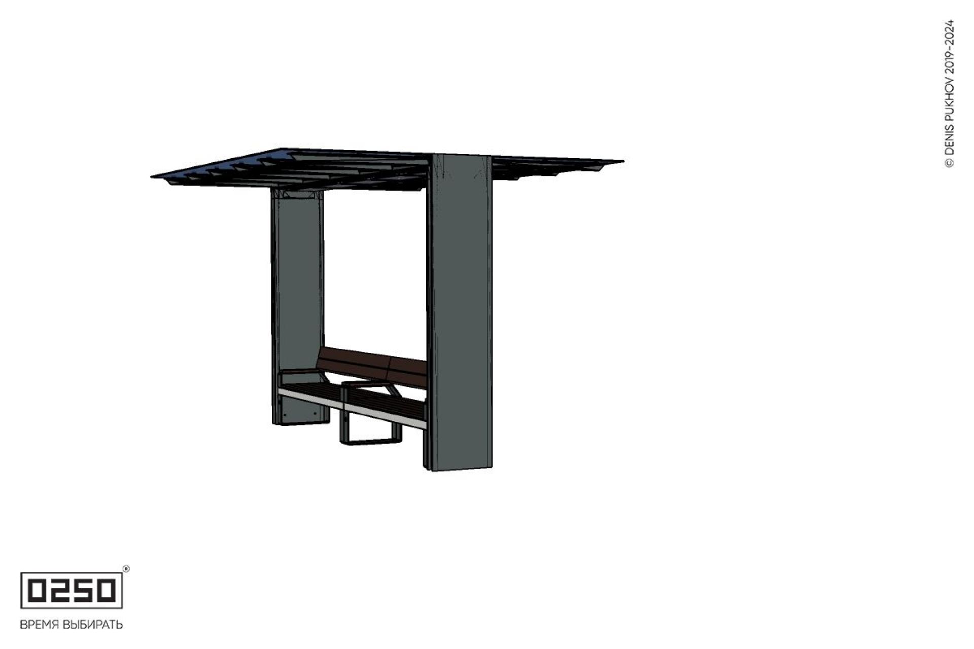 Уличная Скамейка двухпролетная на ножках со спинкой и подлокотниками с навесом Портал производство 0250