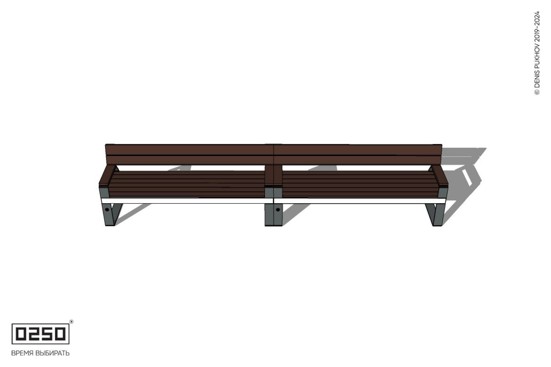 Уличная Скамейка двухпролетная со спинкой и подлокотниками на ножках производство 0250