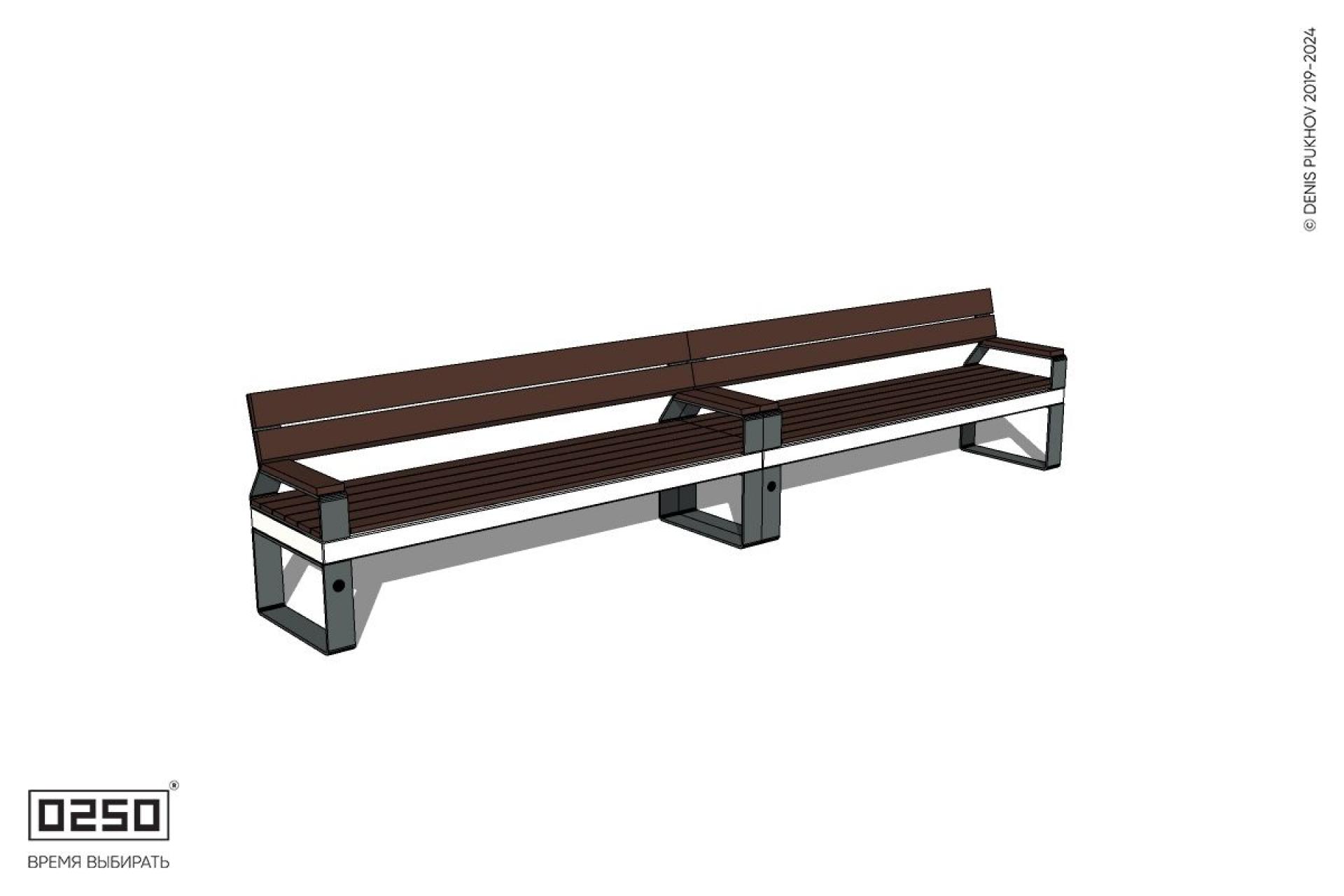 Уличная Скамейка двухпролетная со спинкой и подлокотниками на ножках производство 0250