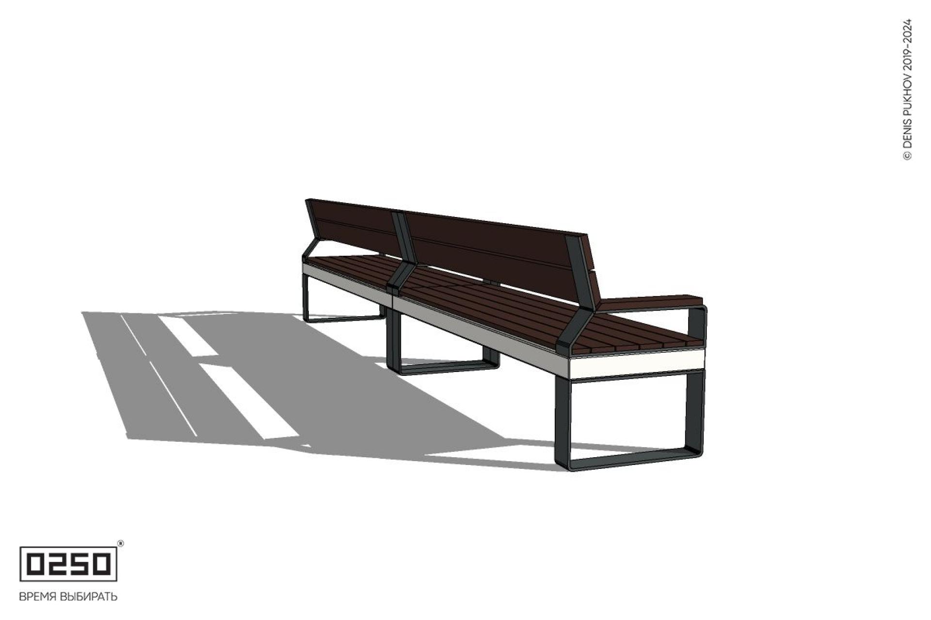 Уличная Скамейка двухпролетная со спинкой и подлокотниками на ножках производство 0250