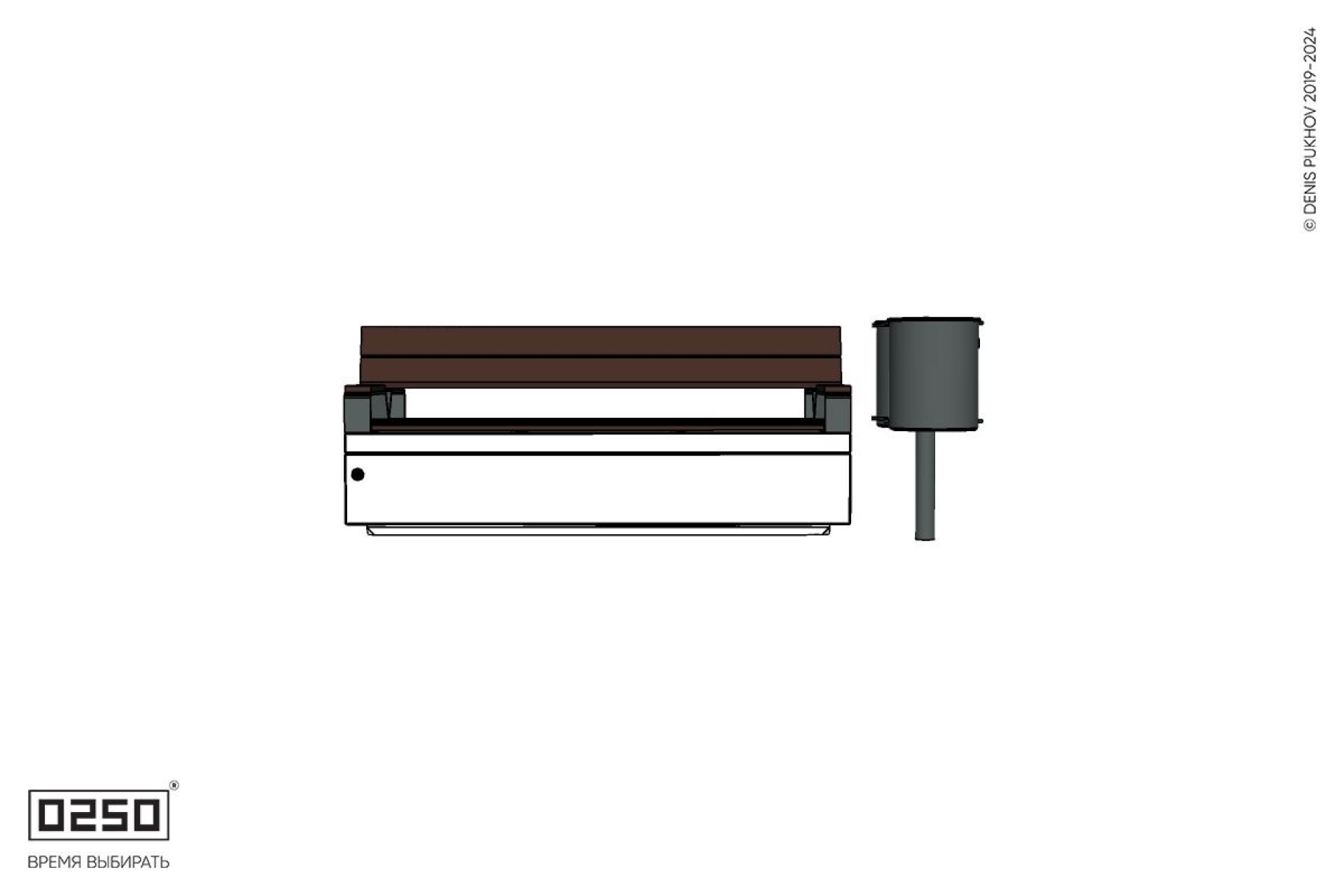 Уличная Двухсторонняя скамейка на блоке со спинкой и подлокотниками с урной Урбан 3 производство 0250, modul+