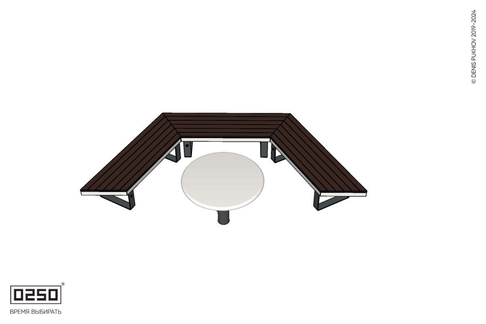 Двухповоротная скошенная скамейка на ножках со столом Рондо Уличная Двухповоротная скошенная скамейка на ножках со столом Рондо производство 0250, modul+