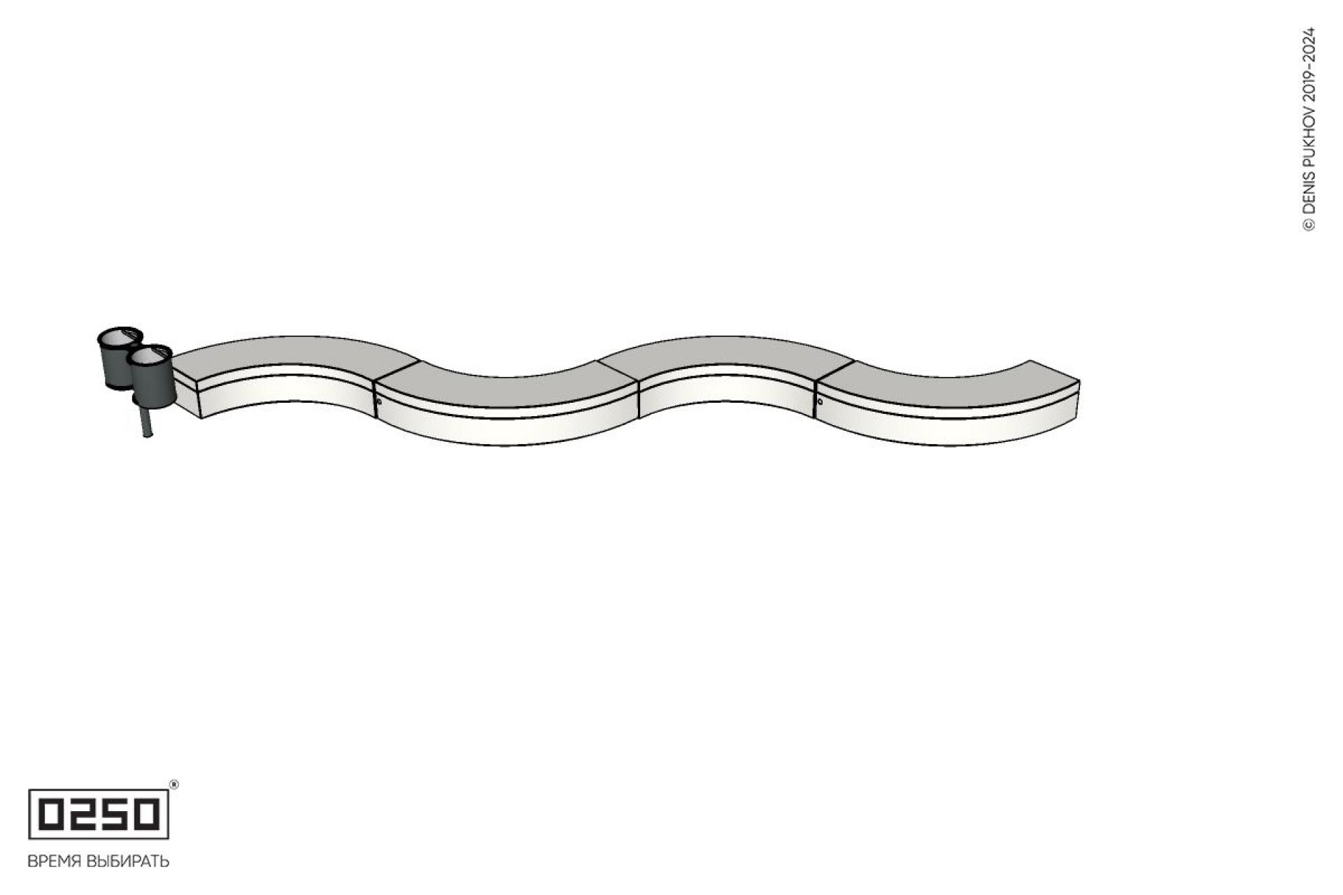 Уличная Изогнутая скамейка на блоке четырехпролетная малого радиуса с урной Урбан 3 производство 0250, modul+