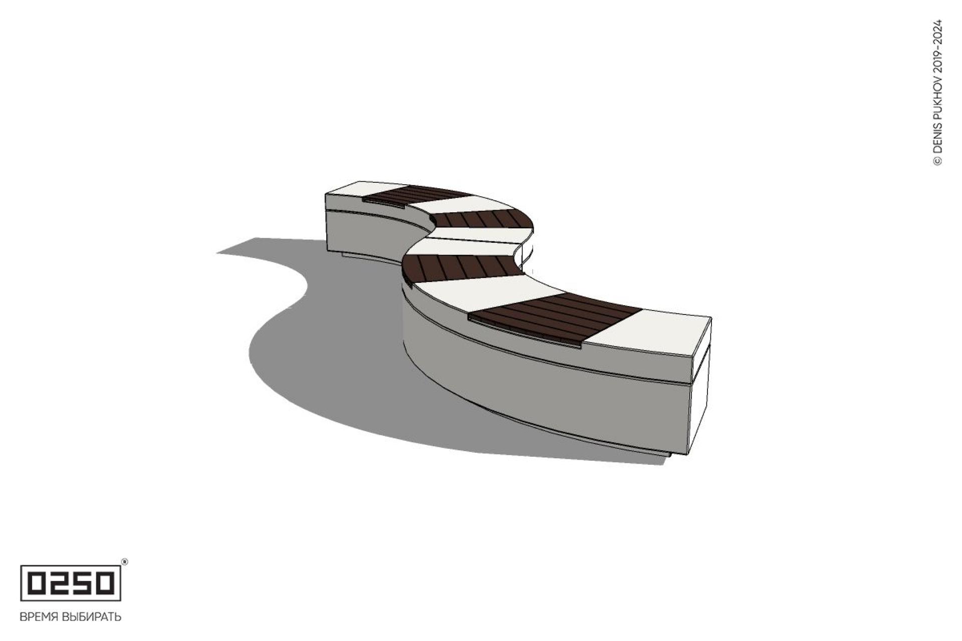 Уличная Скамейка изогнутая двухпролетная малого радиуса на блоке производство 0250 Уличная Скамейка изогнутая двухпролетная малого радиуса на блоке производство 0250