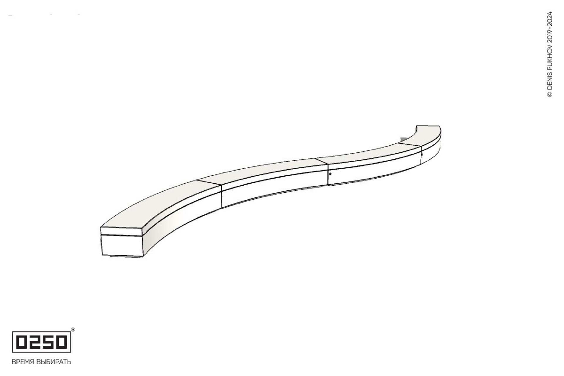 Уличная Бетонная изогнутая скамейка четырехпролетная большого радиуса двойная на блоке производство 0250