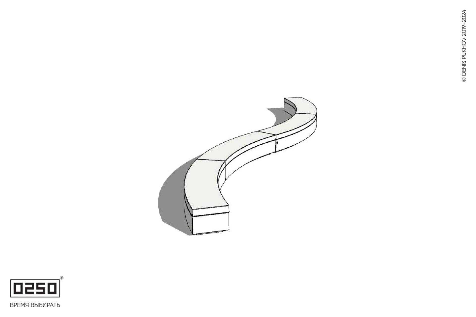 Уличная Бетонная изогнутая скамейка четырехпролетная большого радиуса двойная на блоке производство 0250