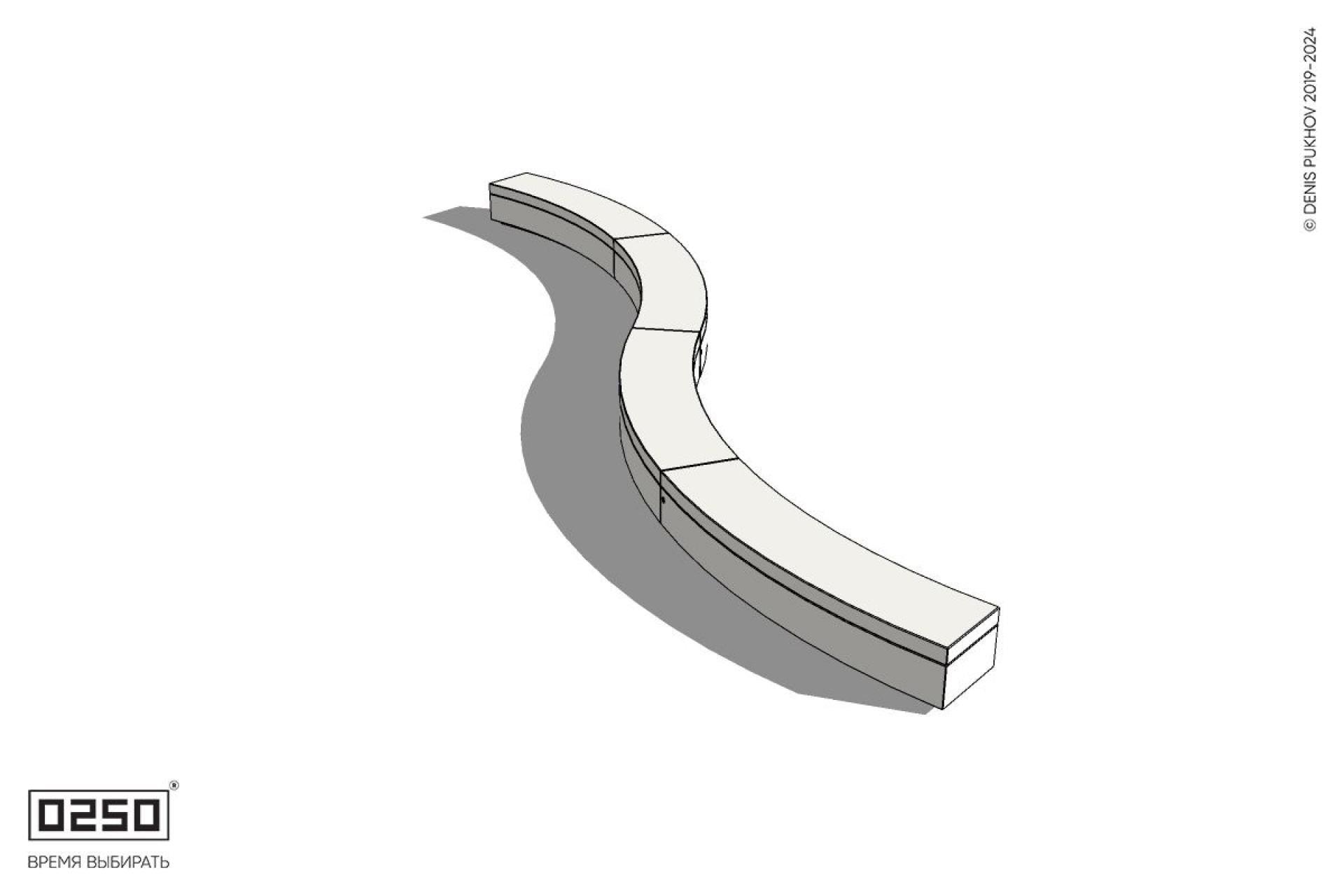 Уличная Бетонная изогнутая скамейка четырехпролетная большого радиуса двойная на блоке производство 0250