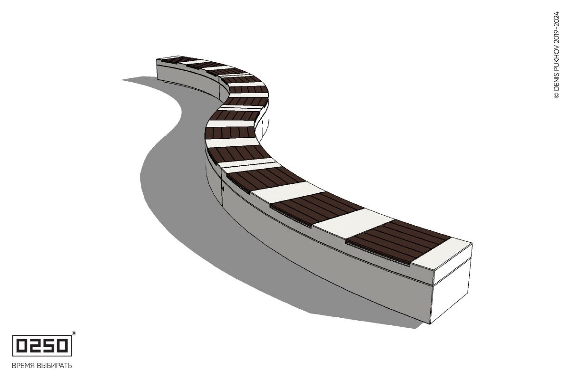 Уличная Изогнутая скамейка на блоке четырехпролетная двойная большого радиуса с урной Урбан 2 производство 0250 Уличная Изогнутая скамейка на блоке четырехпролетная двойная большого радиуса с урной Урбан 2 производство 0250
