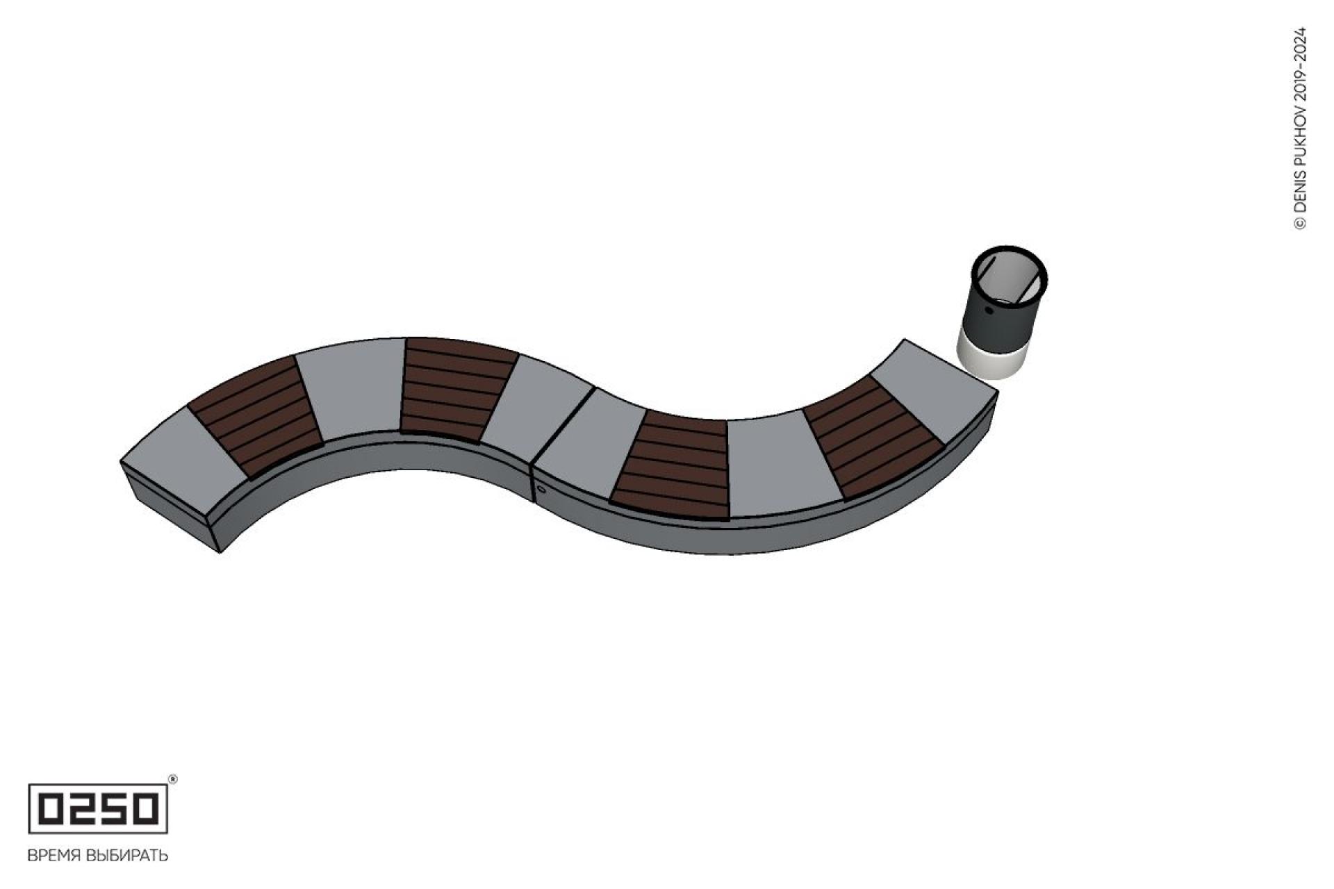Уличная Изогнутая скамейка на блоке двухпролетная малого радиуса с урной Урбан 2 производство 0250, modul+