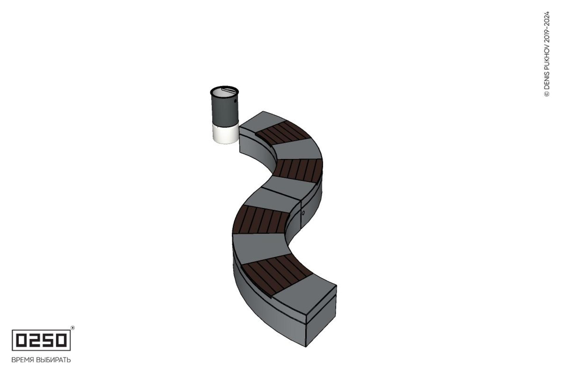 Уличная Изогнутая скамейка на блоке двухпролетная малого радиуса с урной Урбан 2 производство 0250