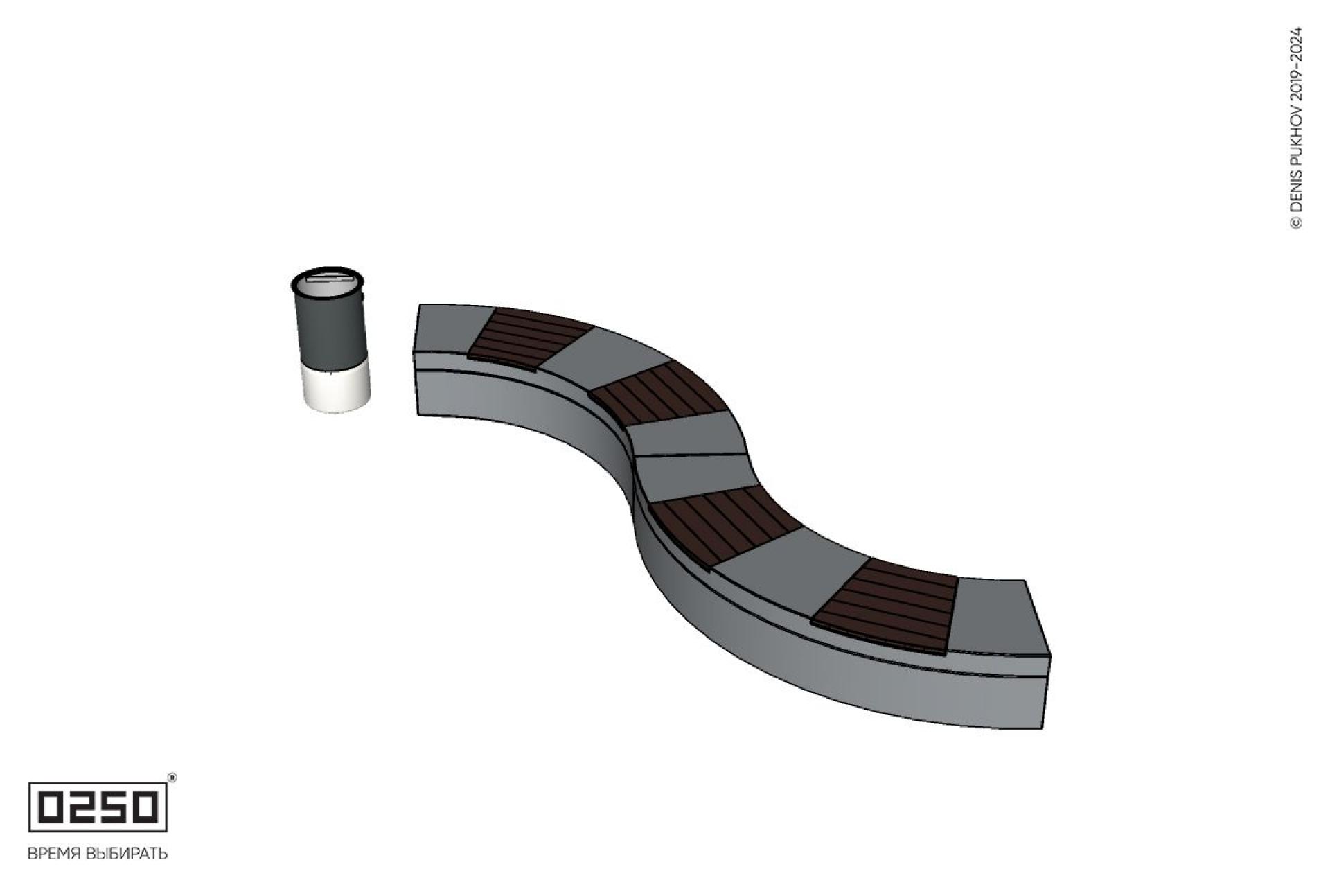 Уличная Изогнутая скамейка на блоке двухпролетная малого радиуса с урной Урбан 2 производство 0250