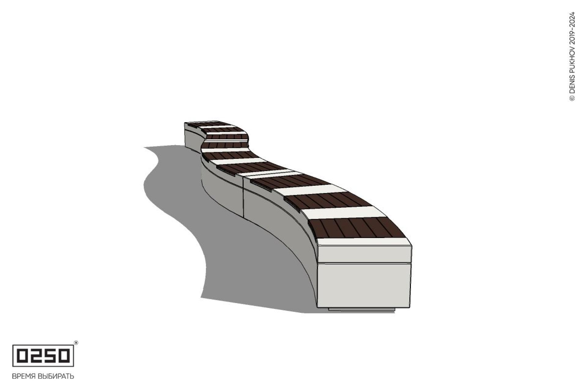 Уличная Скамейка изогнутая трехпролетная большого радиуса на блоке производство 0250 Уличная Скамейка изогнутая трехпролетная большого радиуса на блоке производство 0250