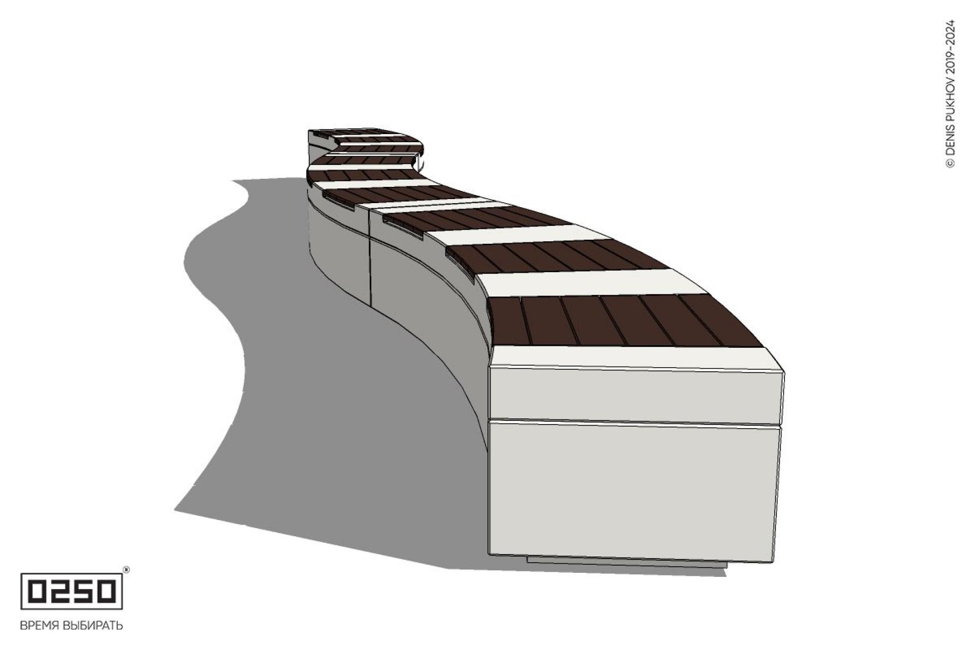 Уличная Скамейка изогнутая трехпролетная большого радиуса на блоке производство 0250 Уличная Скамейка изогнутая трехпролетная большого радиуса на блоке производство 0250