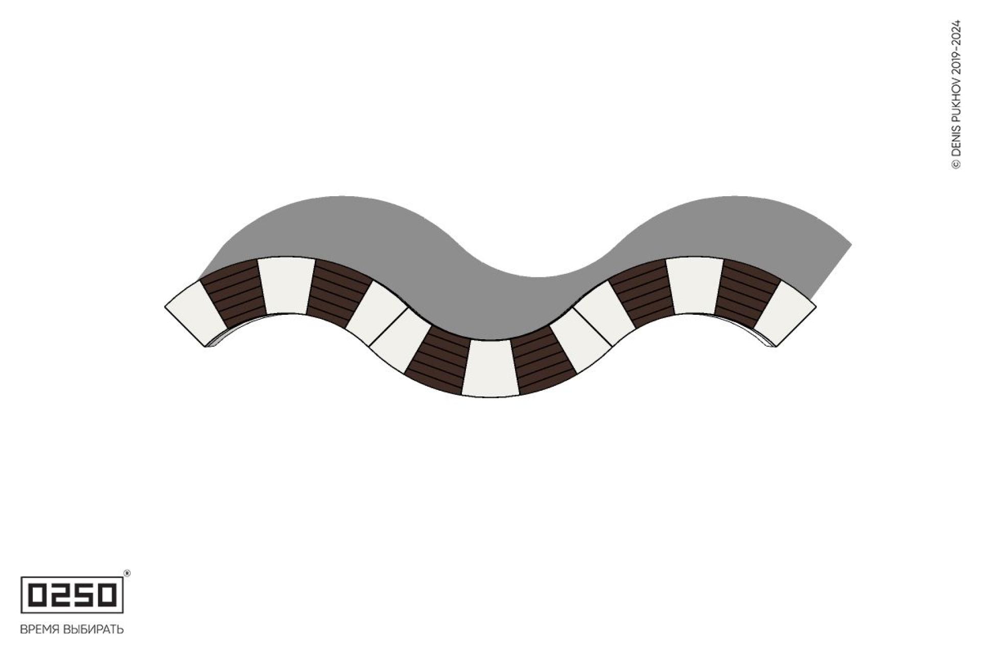 Уличная Скамейка изогнутая трехпролетная большого радиуса на блоке производство 0250