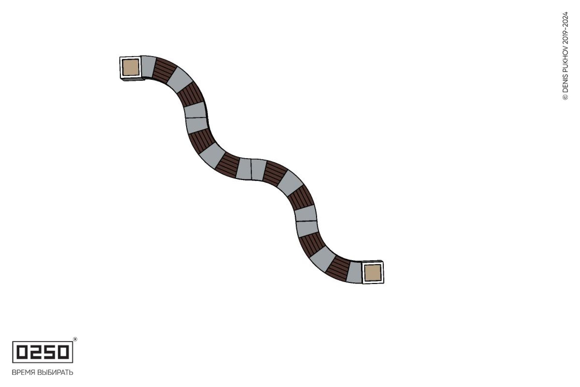 Уличная Изогнутая скамейка на ножках четырехпролетная малого радиуса с двумя вазонами Кубэ 550 производство 0250