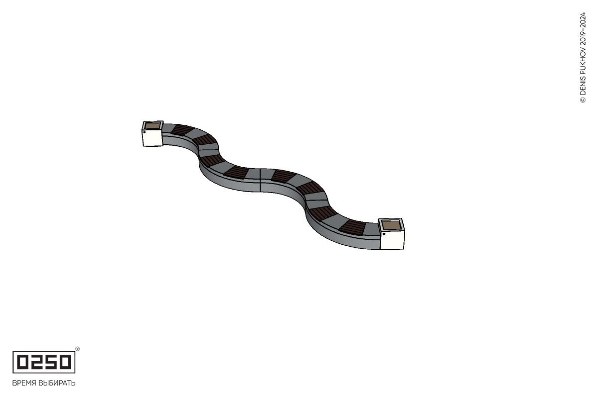 Уличная Изогнутая скамейка на ножках четырехпролетная малого радиуса с двумя вазонами Кубэ 550 производство 0250, modul+