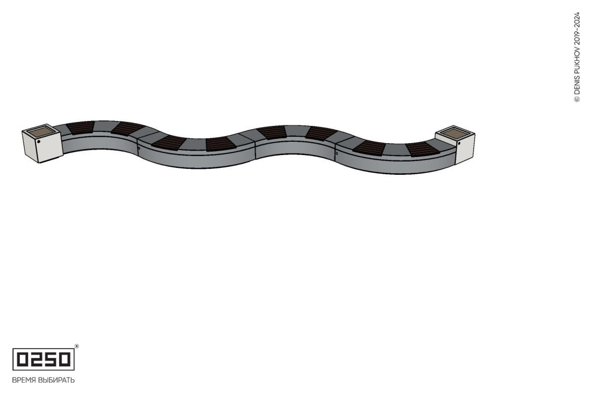 Уличная Изогнутая скамейка на ножках четырехпролетная малого радиуса с двумя вазонами Кубэ 550 производство 0250