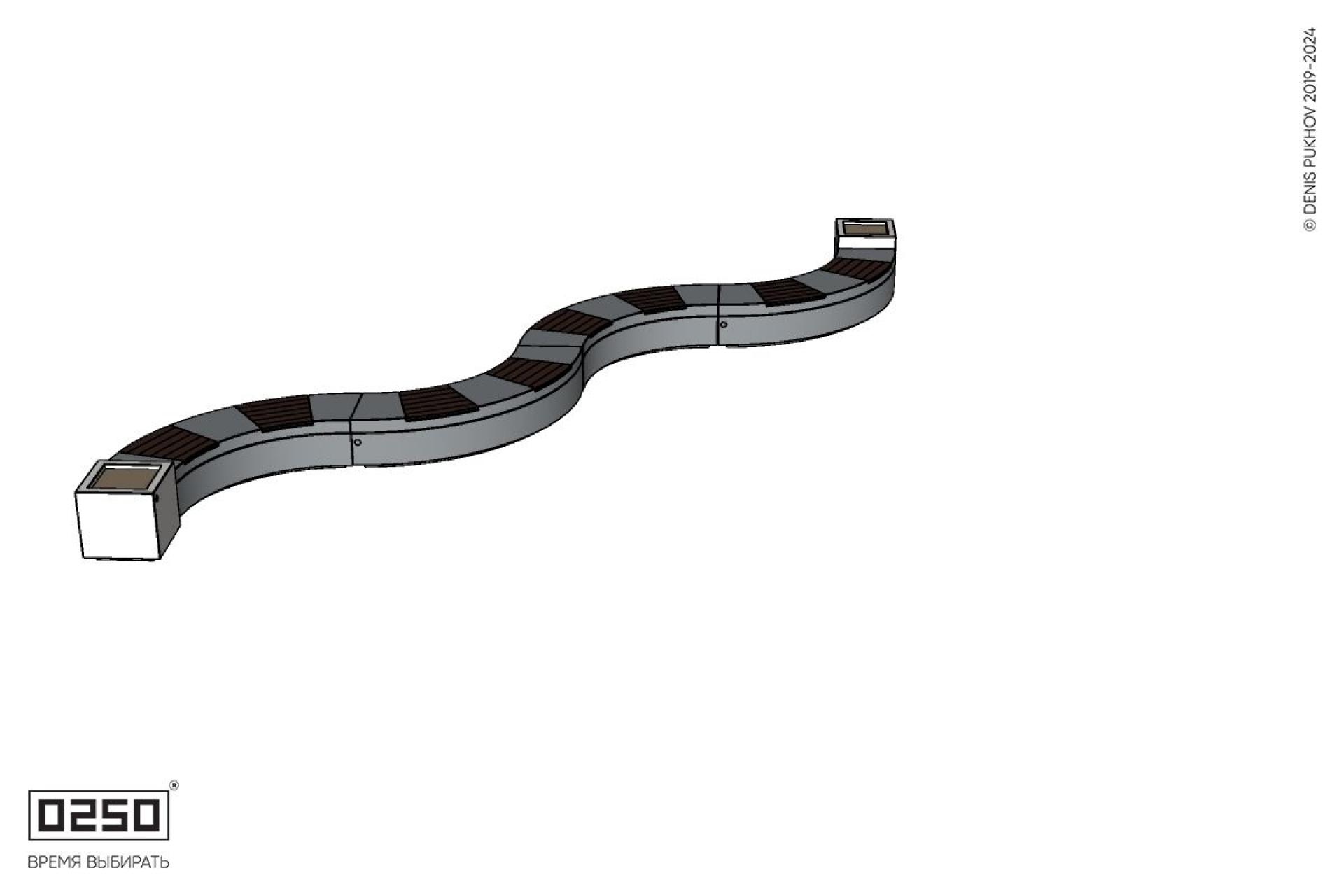 Уличная Изогнутая скамейка на ножках четырехпролетная малого радиуса с двумя вазонами Кубэ 550 производство 0250