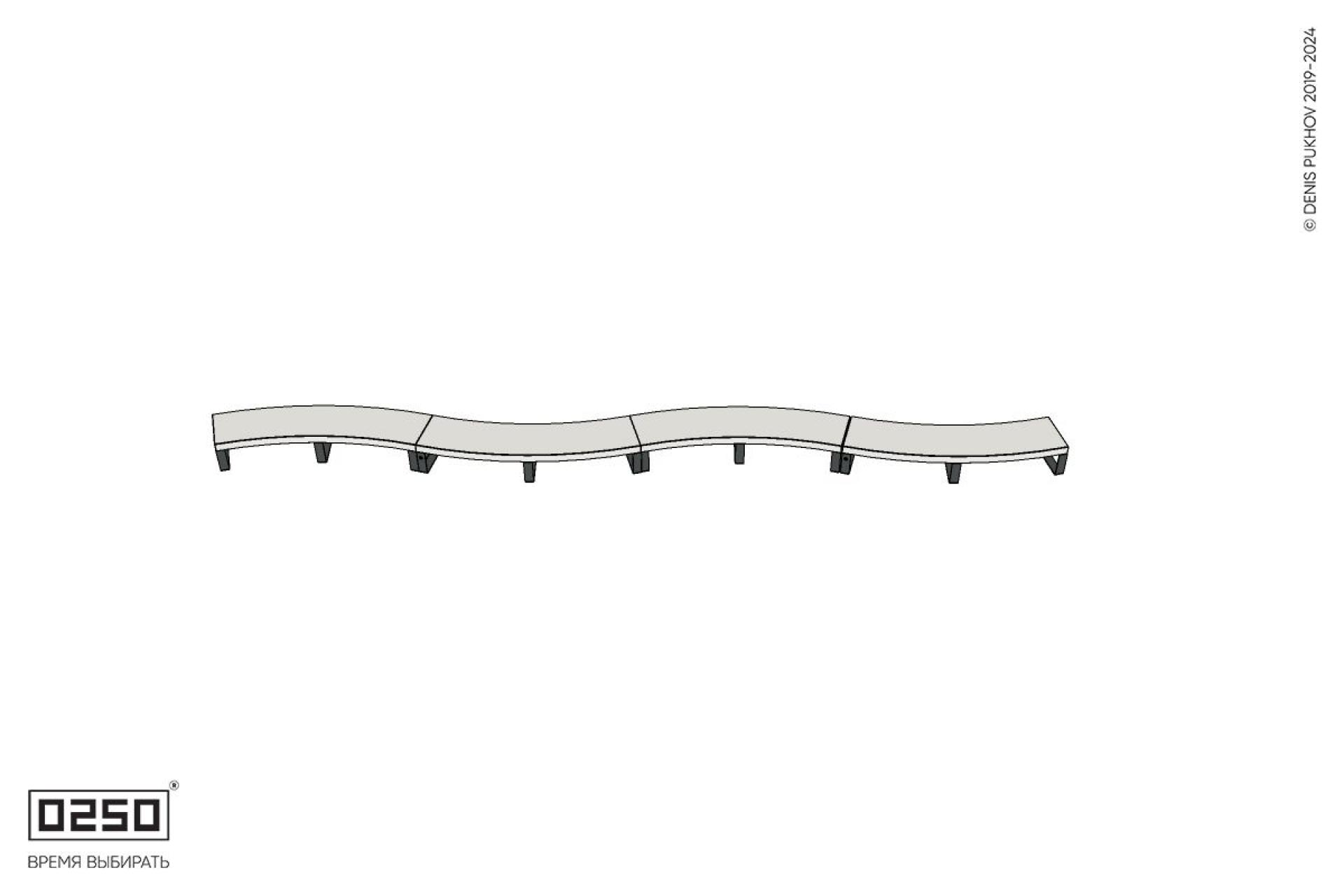 Уличная Бетонная изогнутая скамейка четырехпролетная большого радиуса на ножках производство 0250