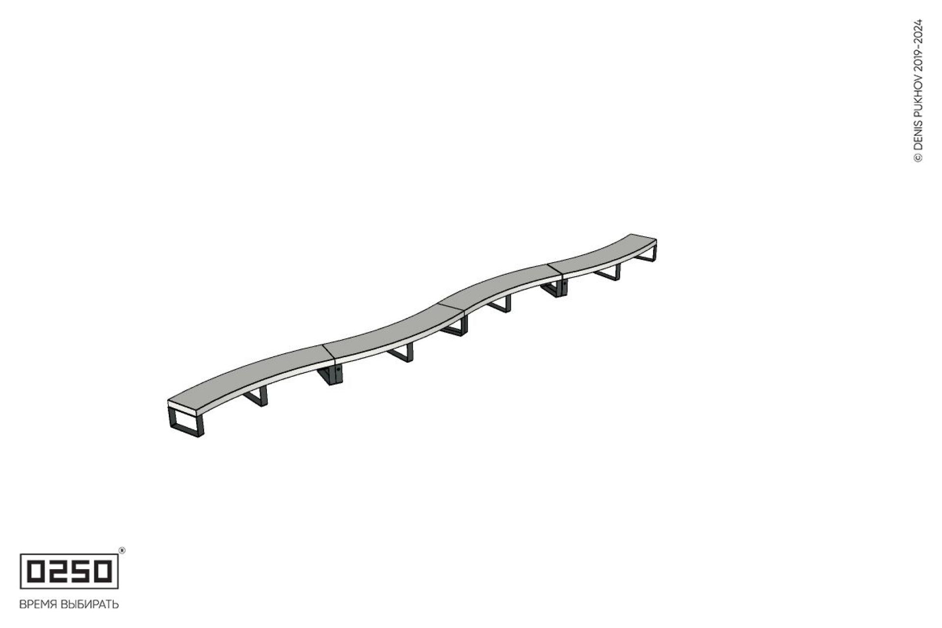 Уличная Бетонная изогнутая скамейка четырехпролетная большого радиуса на ножках производство 0250