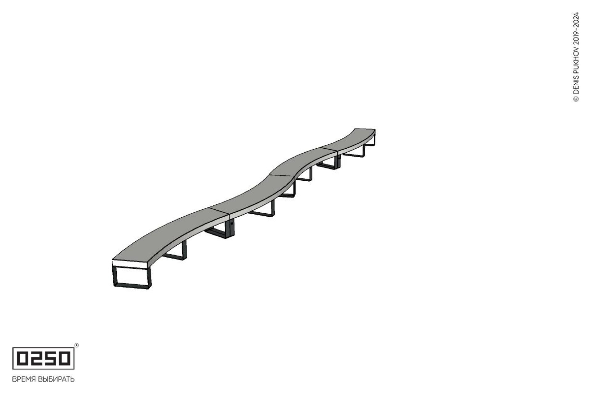 Уличная Бетонная изогнутая скамейка четырехпролетная большого радиуса на ножках производство 0250