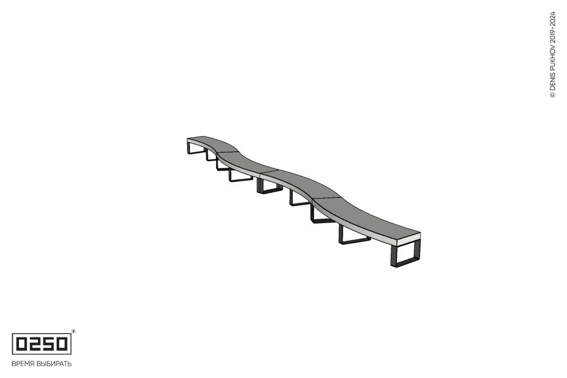 Уличная Бетонная изогнутая скамейка четырехпролетная большого радиуса на ножках производство 0250