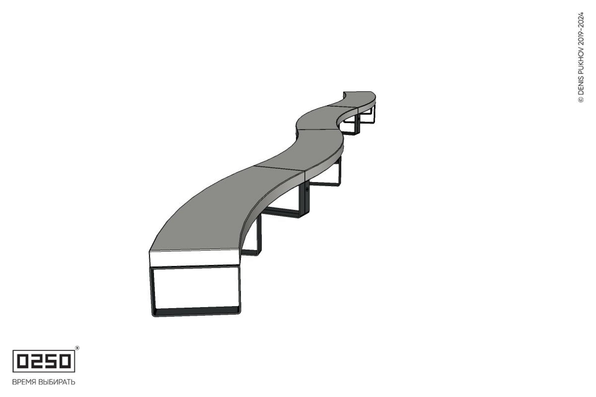 Уличная Бетонная изогнутая скамейка четырехпролетная большого радиуса на ножках производство 0250