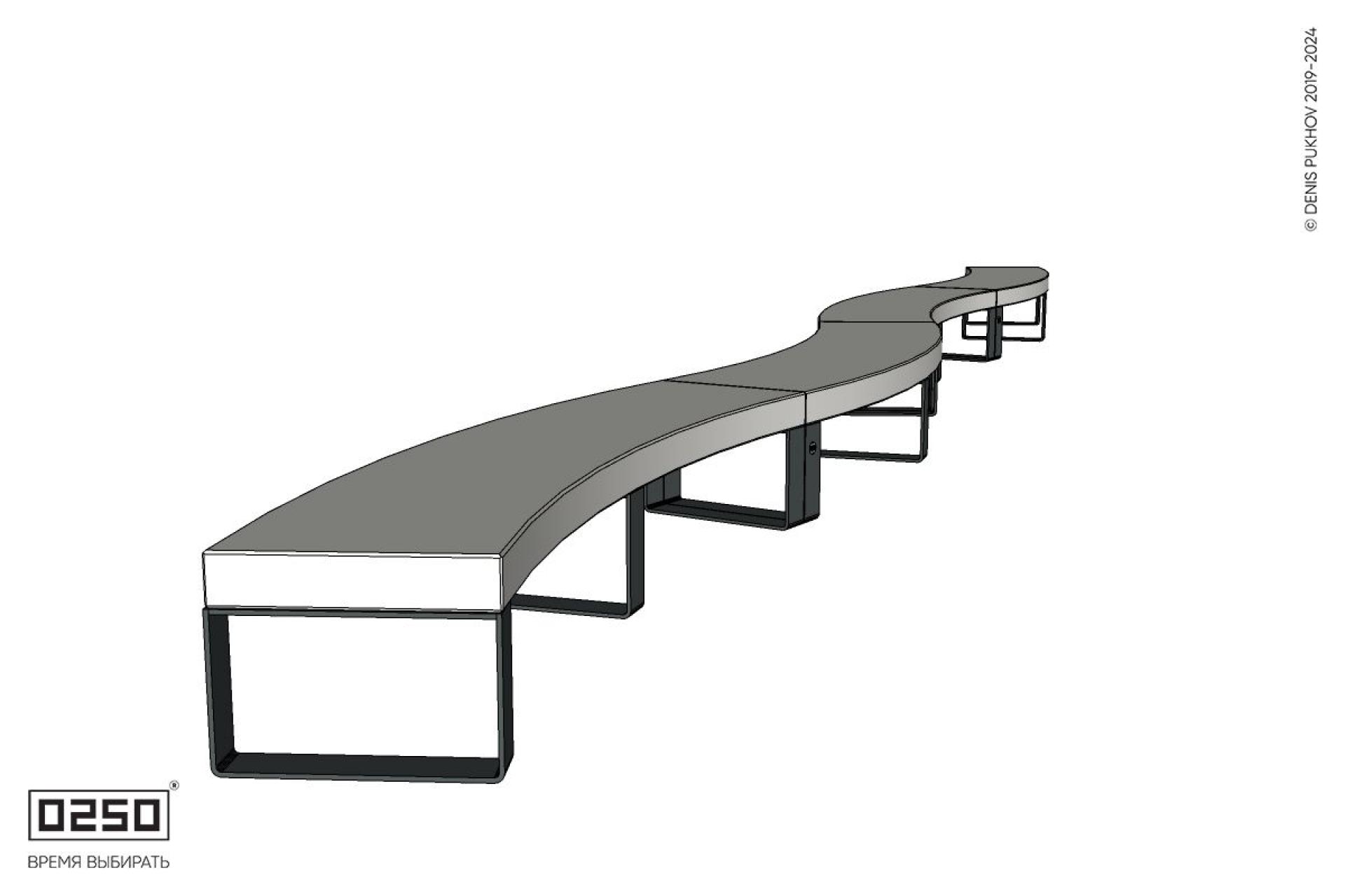 Уличная Бетонная изогнутая скамейка четырехпролетная большого радиуса на ножках производство 0250