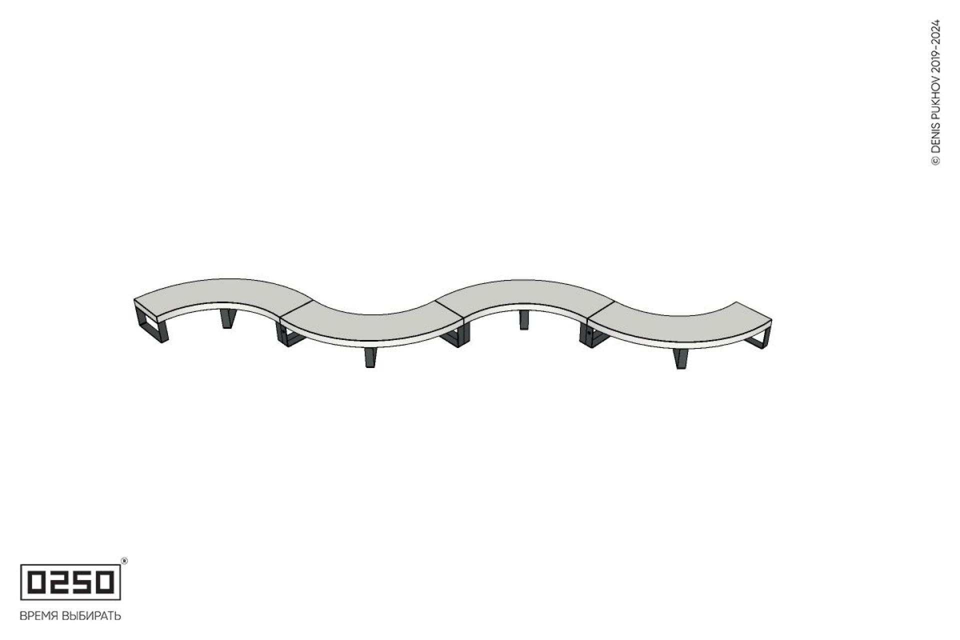 Уличная Бетонная изогнутая скамейка четырехпролетная малого радиуса на ножках производство 0250