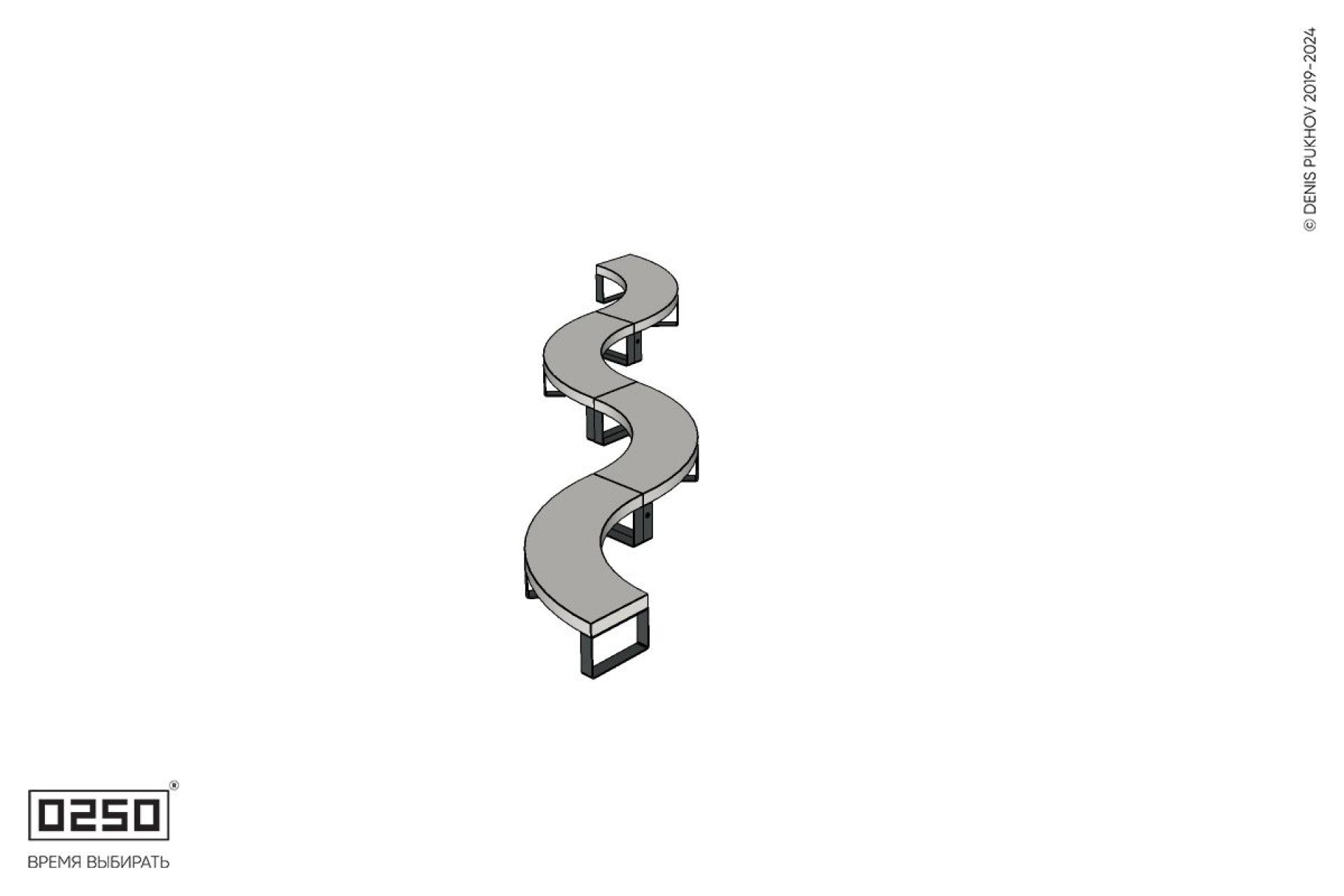 Уличная Бетонная изогнутая скамейка четырехпролетная малого радиуса на ножках производство 0250