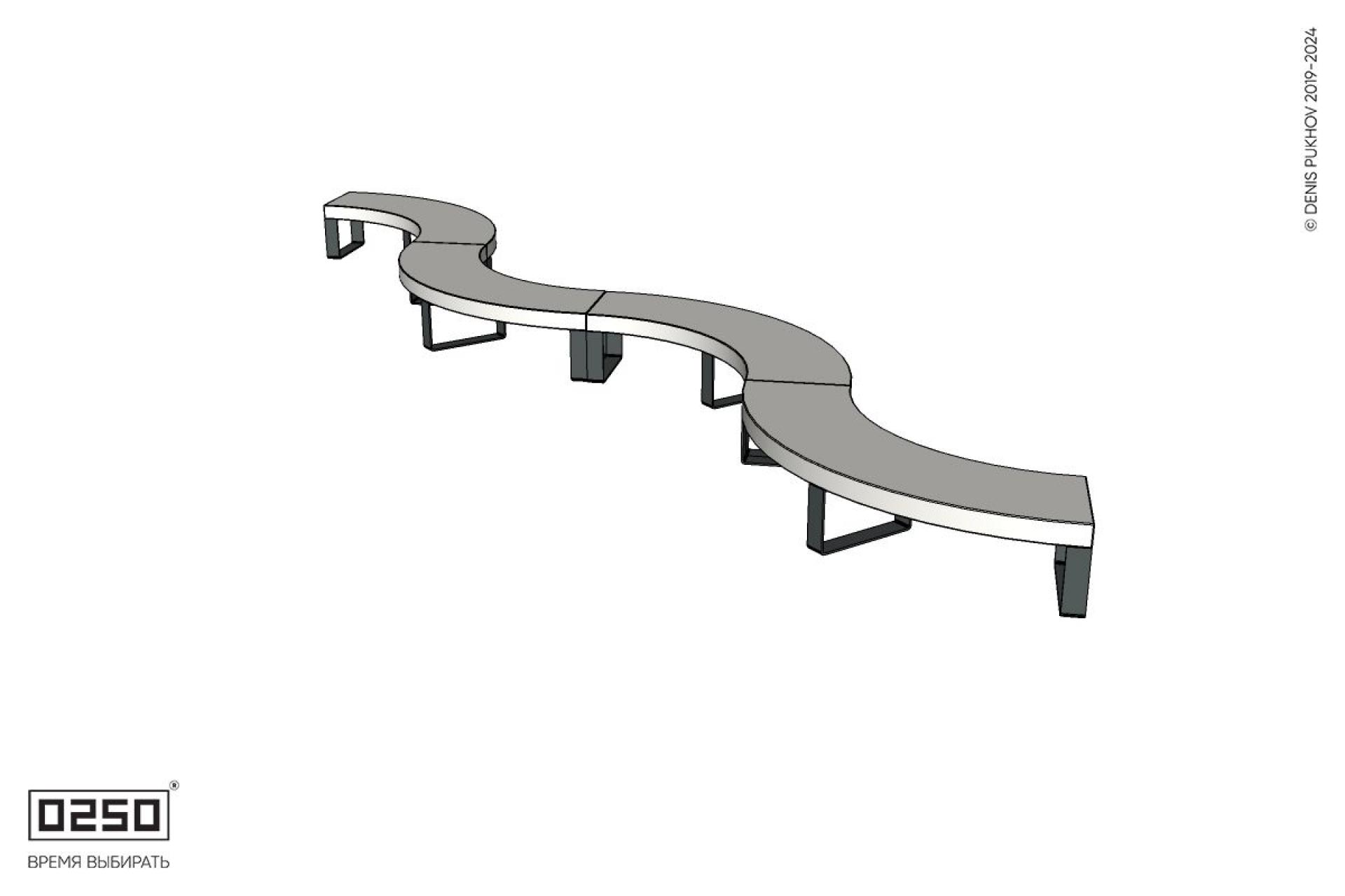 Уличная Бетонная изогнутая скамейка четырехпролетная малого радиуса на ножках производство 0250