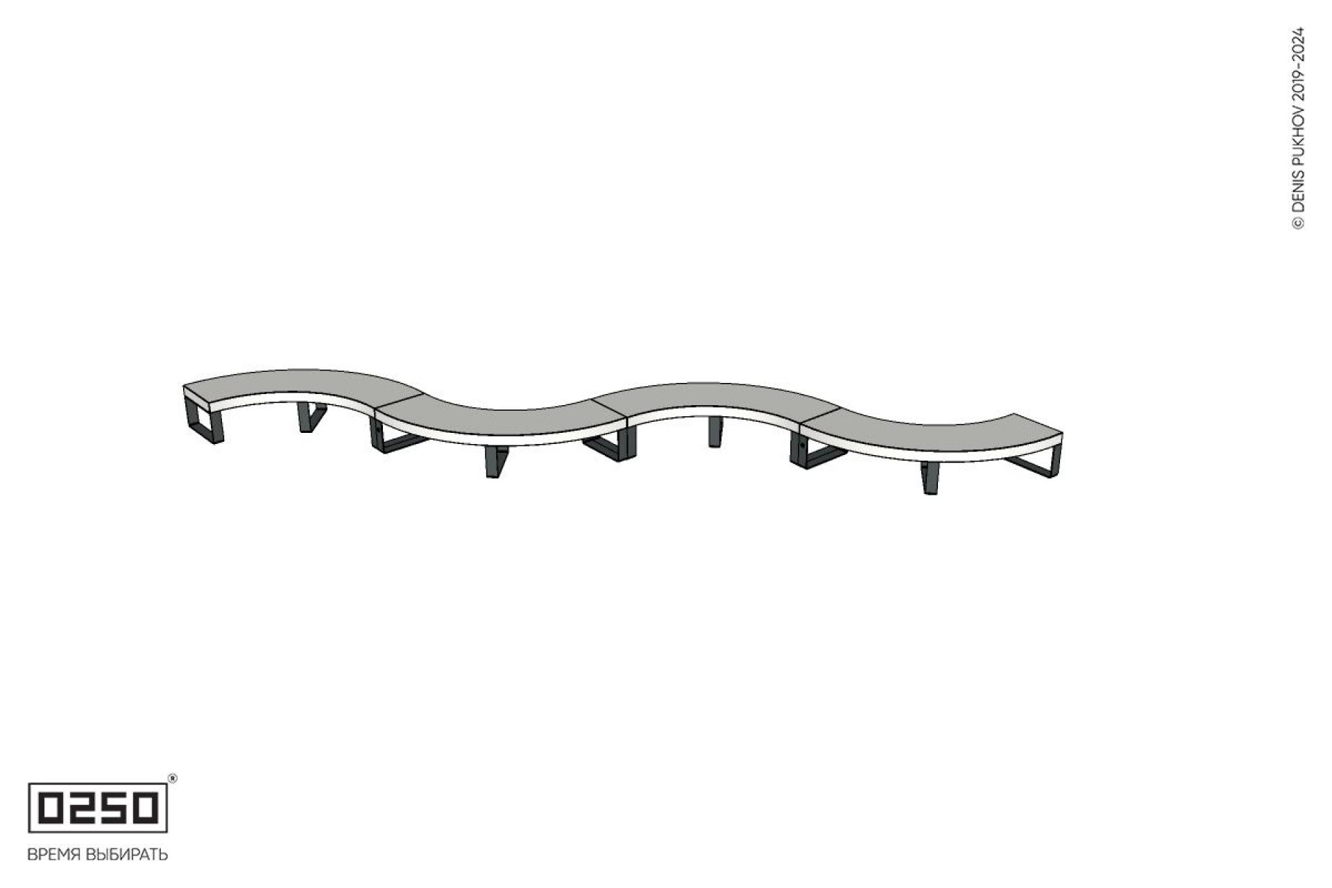 Уличная Бетонная изогнутая скамейка четырехпролетная малого радиуса на ножках производство 0250