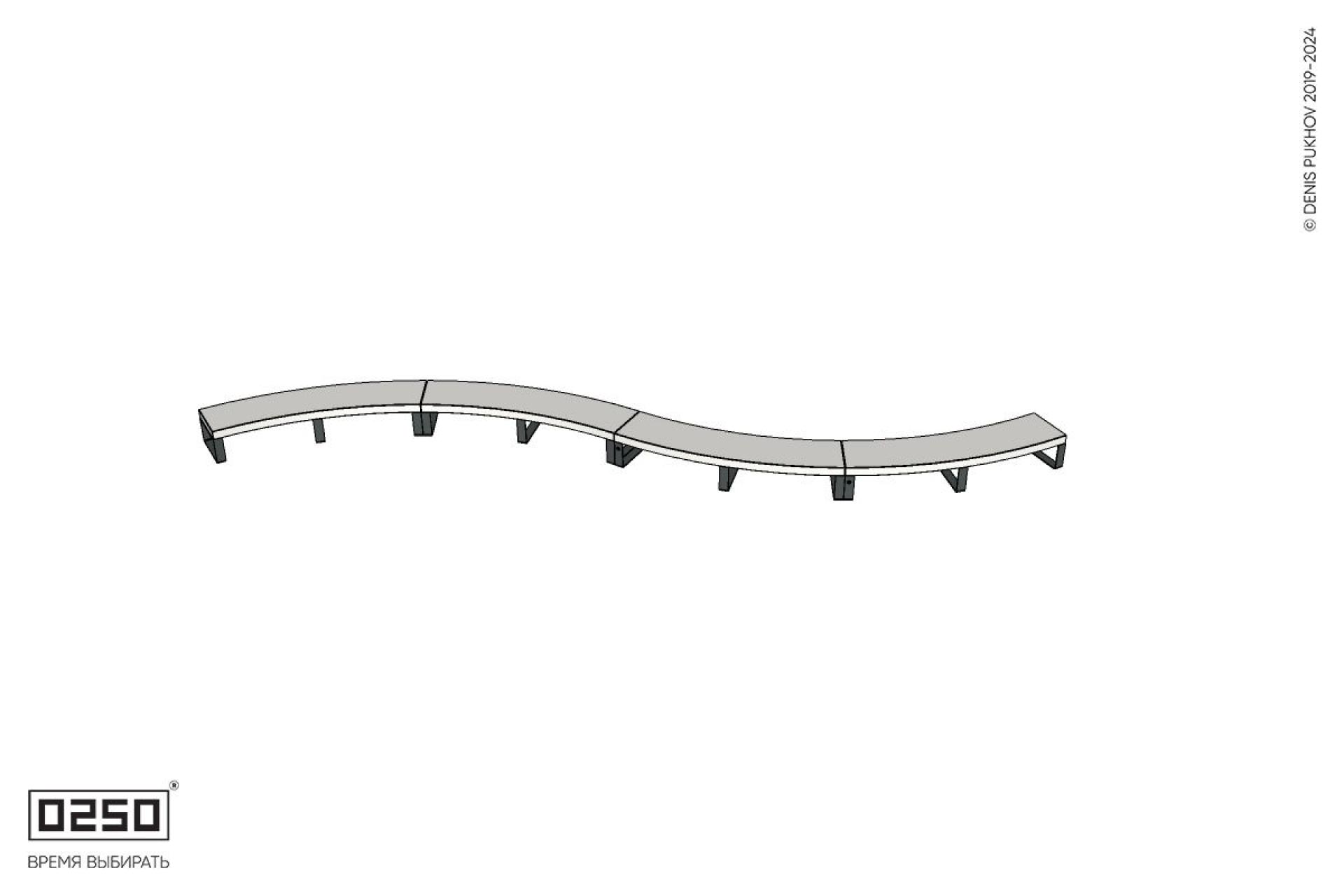 Уличная Бетонная изогнутая скамейка четырехпролетная двойная большого радиуса на ножках производство 0250 Уличная Бетонная изогнутая скамейка четырехпролетная двойная большого радиуса на ножках производство 0250